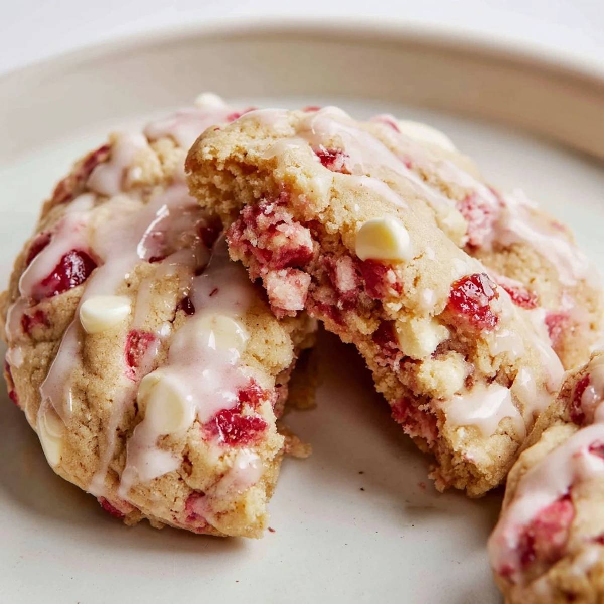Freshly baked Irresistible Maraschino Cherry Cookies with a glossy pink glaze on a wooden board.