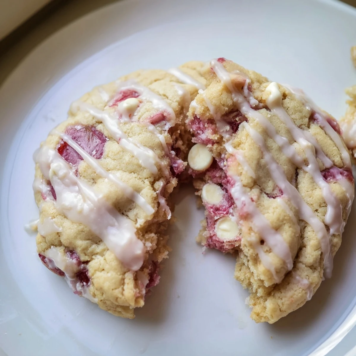 A close-up of chewy Irresistible Maraschino Cherry Cookies beside a glass of cold milk.