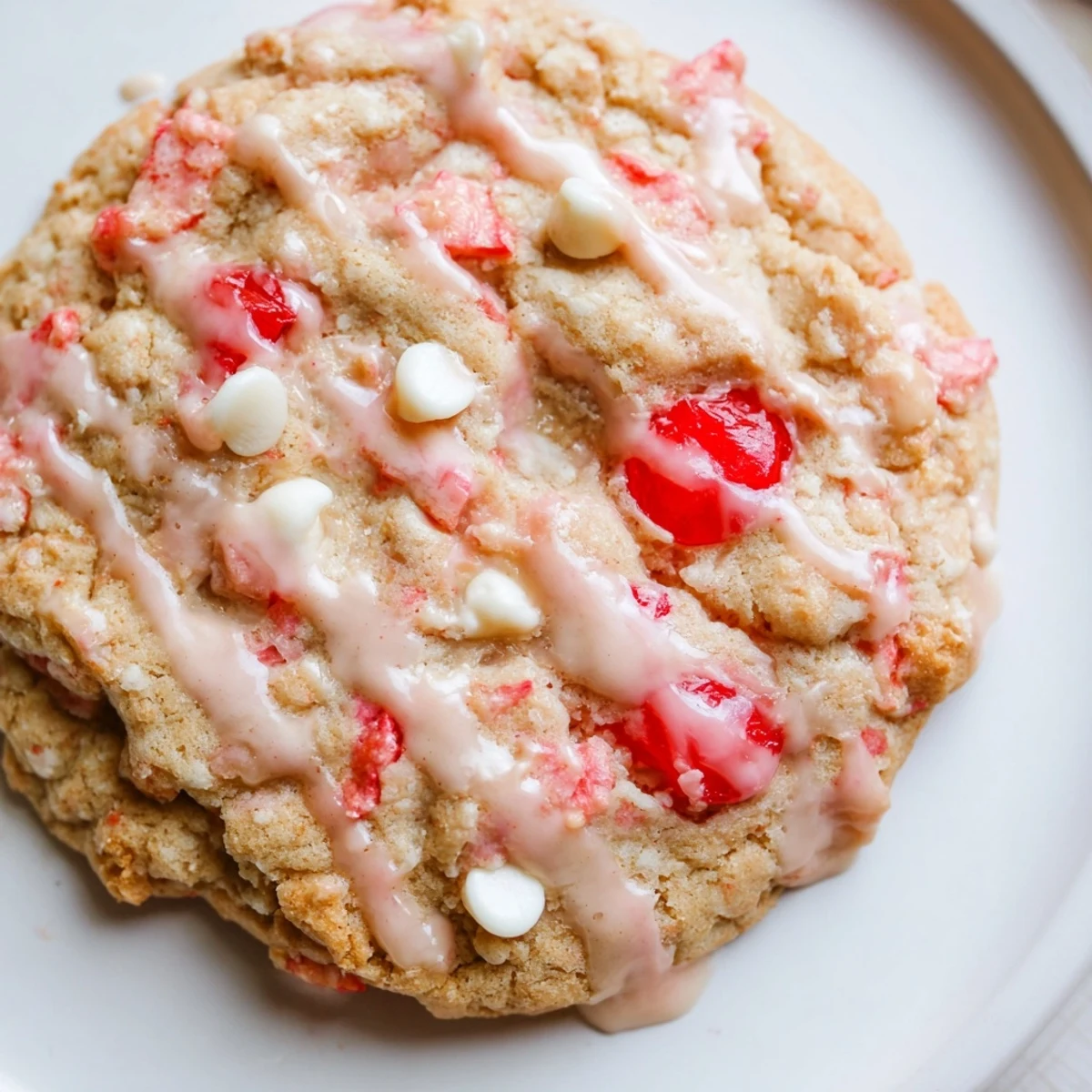 Soft, pink Irresistible Maraschino Cherry Cookies are arranged on a white ceramic platter for serving.