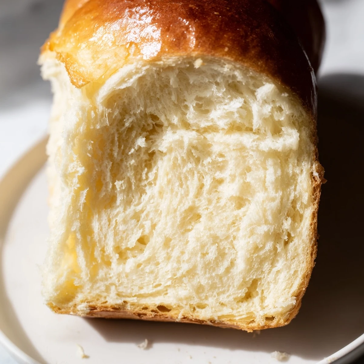 A golden Milk Brioche loaf with a soft, buttery interior and a shiny, brushed egg wash crust.
