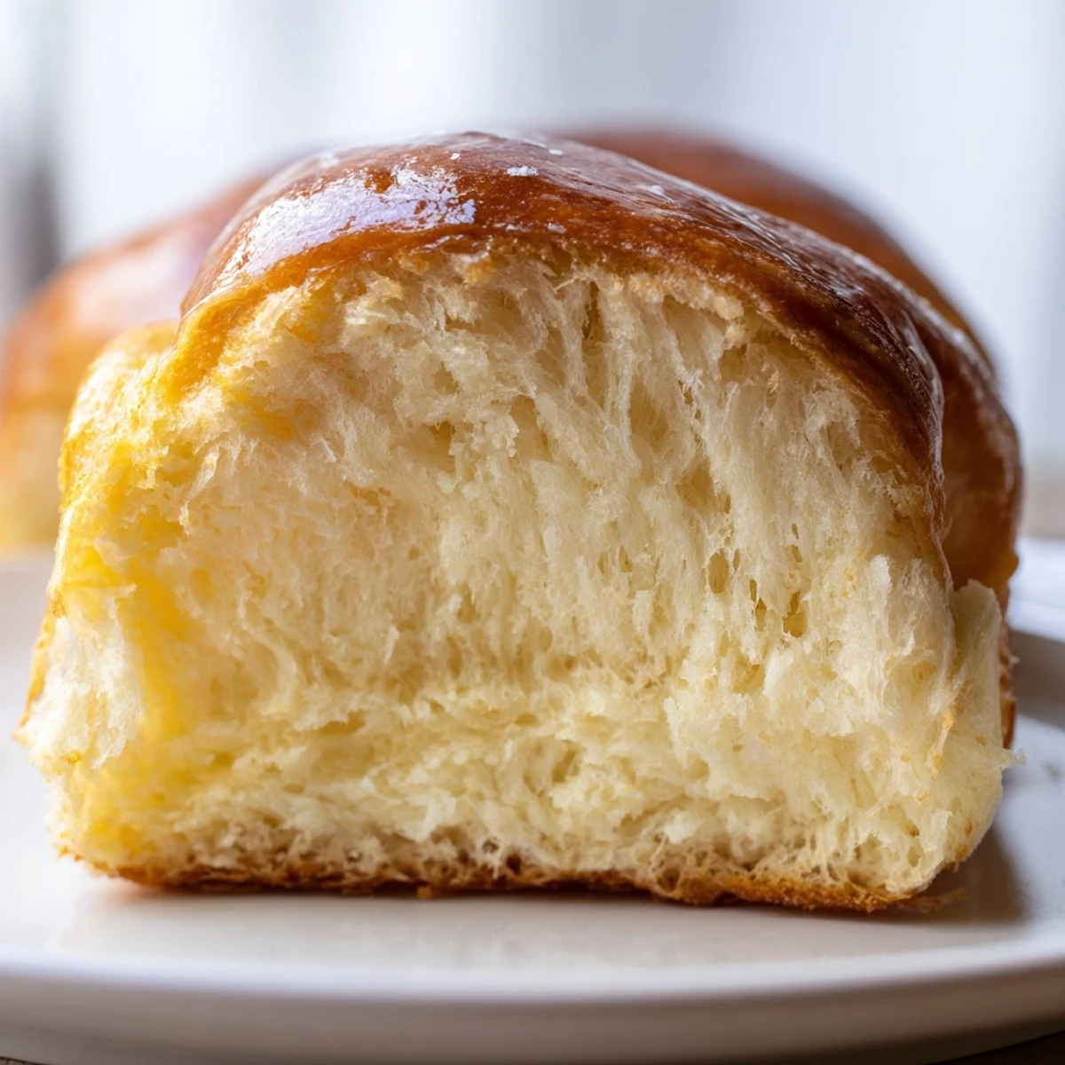 Close-up of a tender Milk Brioche slice showing its pillowy crumb, a French classic made with milk and butter.