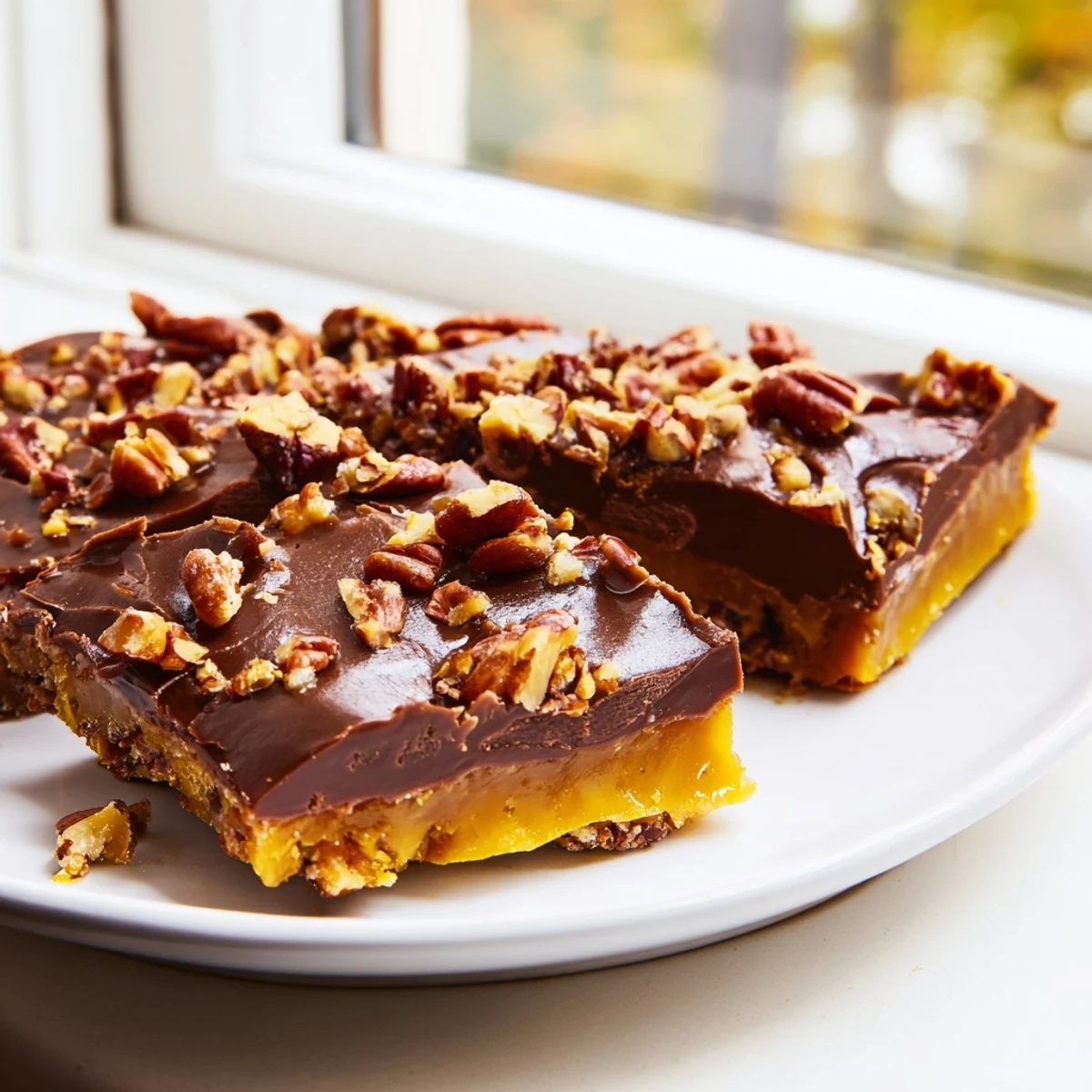 A close-up of golden Cake Mix Toffee Bars studded with toffee and chocolate chips, perfect for a sweet snack.