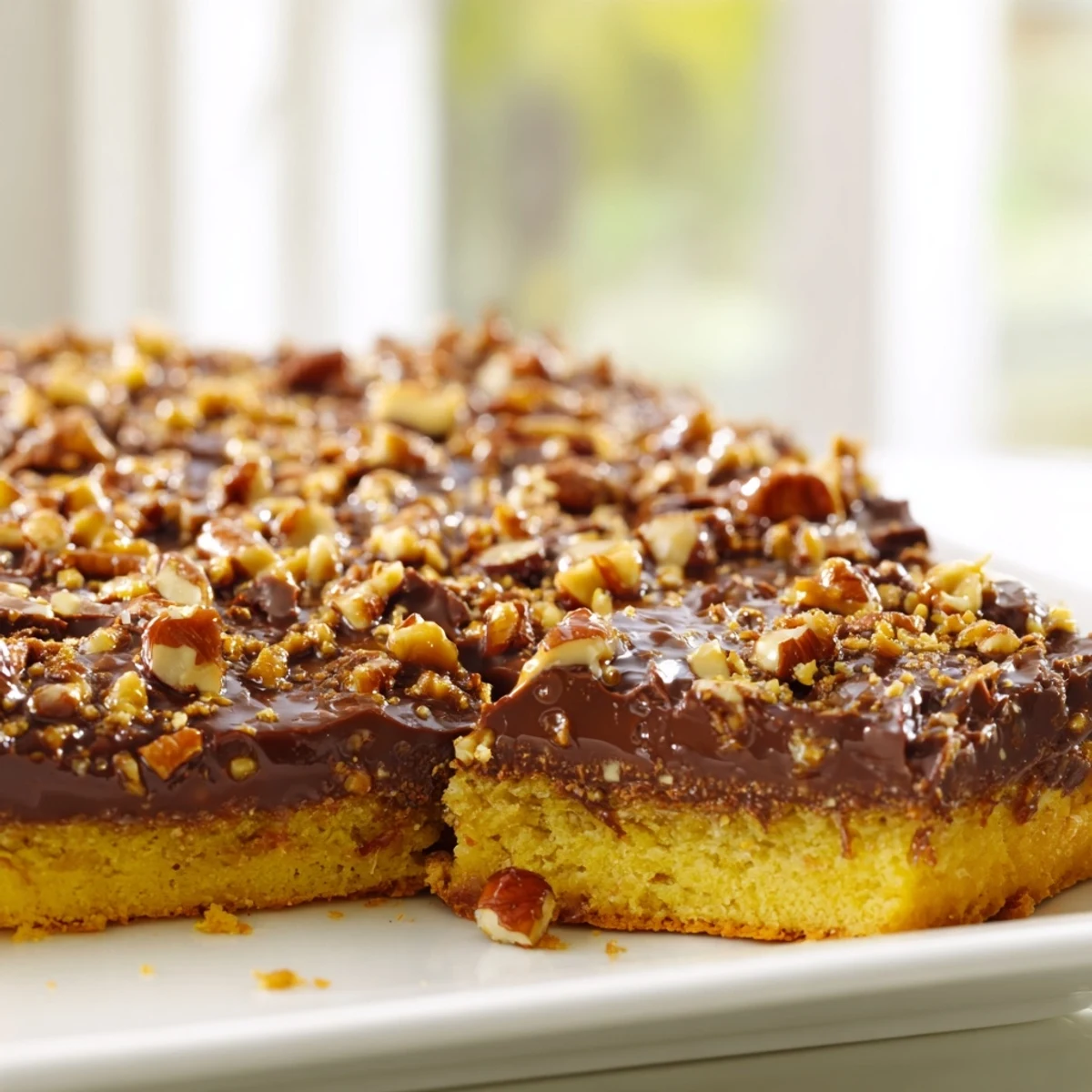 Stack of chewy Cake Mix Toffee Bars on a white plate, with a glass of milk for an ideal pairing.
