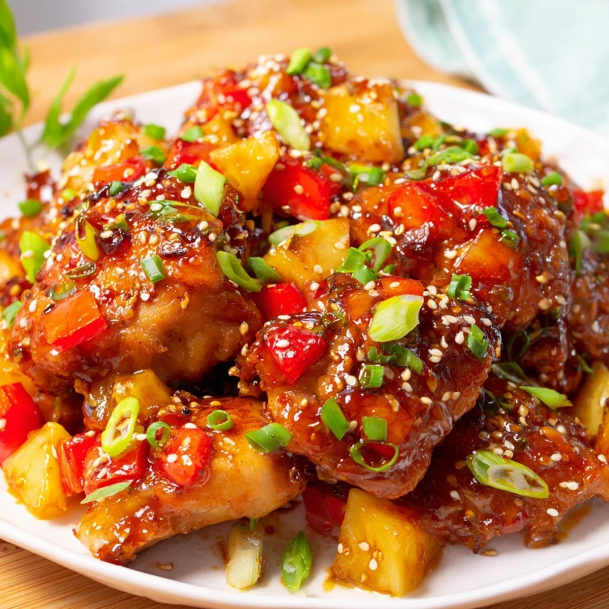 Glossy sticky pineapple chicken pieces glistening with sweet and tangy glaze, served over white rice.