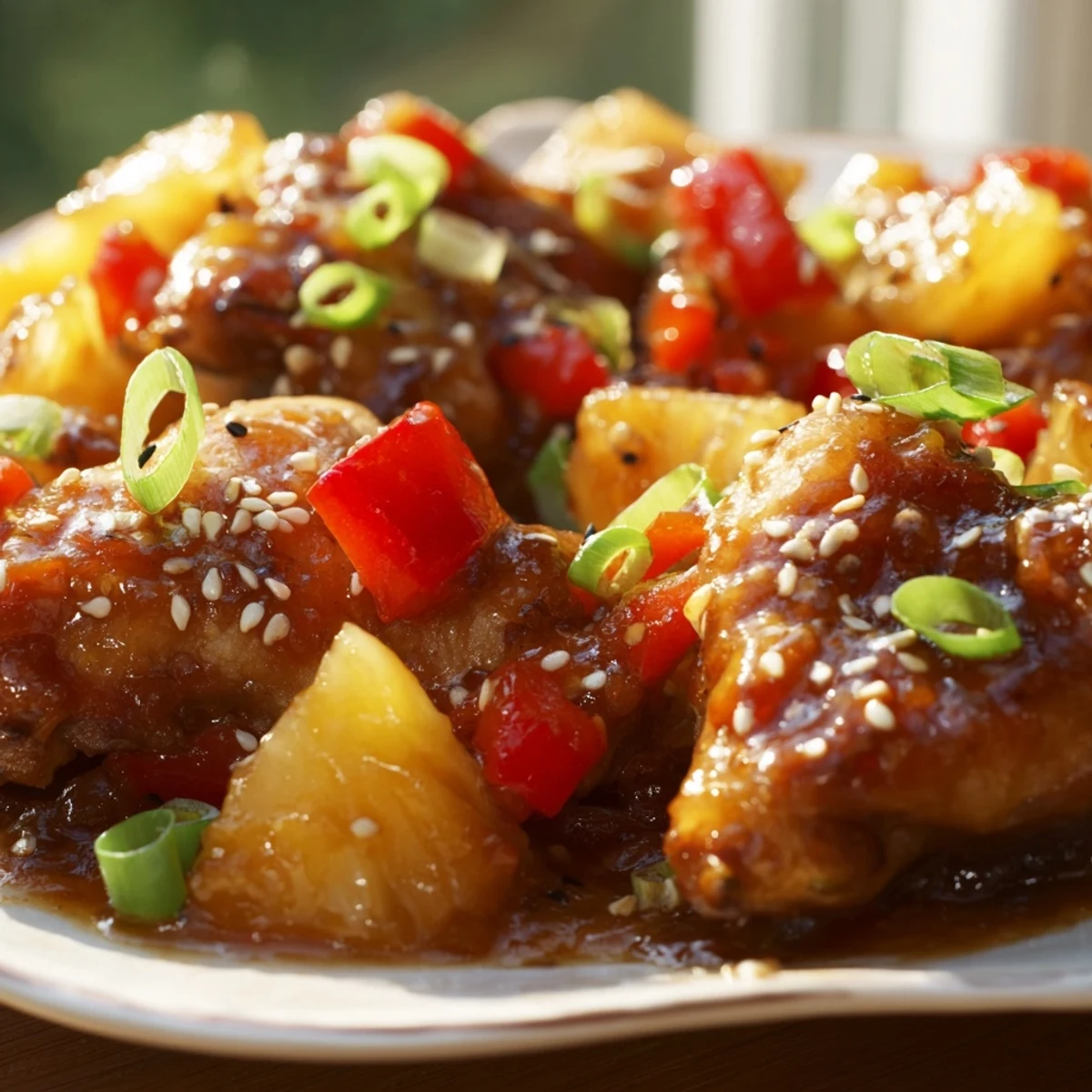 Sticky pineapple chicken stir-fry with colorful bell peppers, fresh pineapple chunks, and green onions.