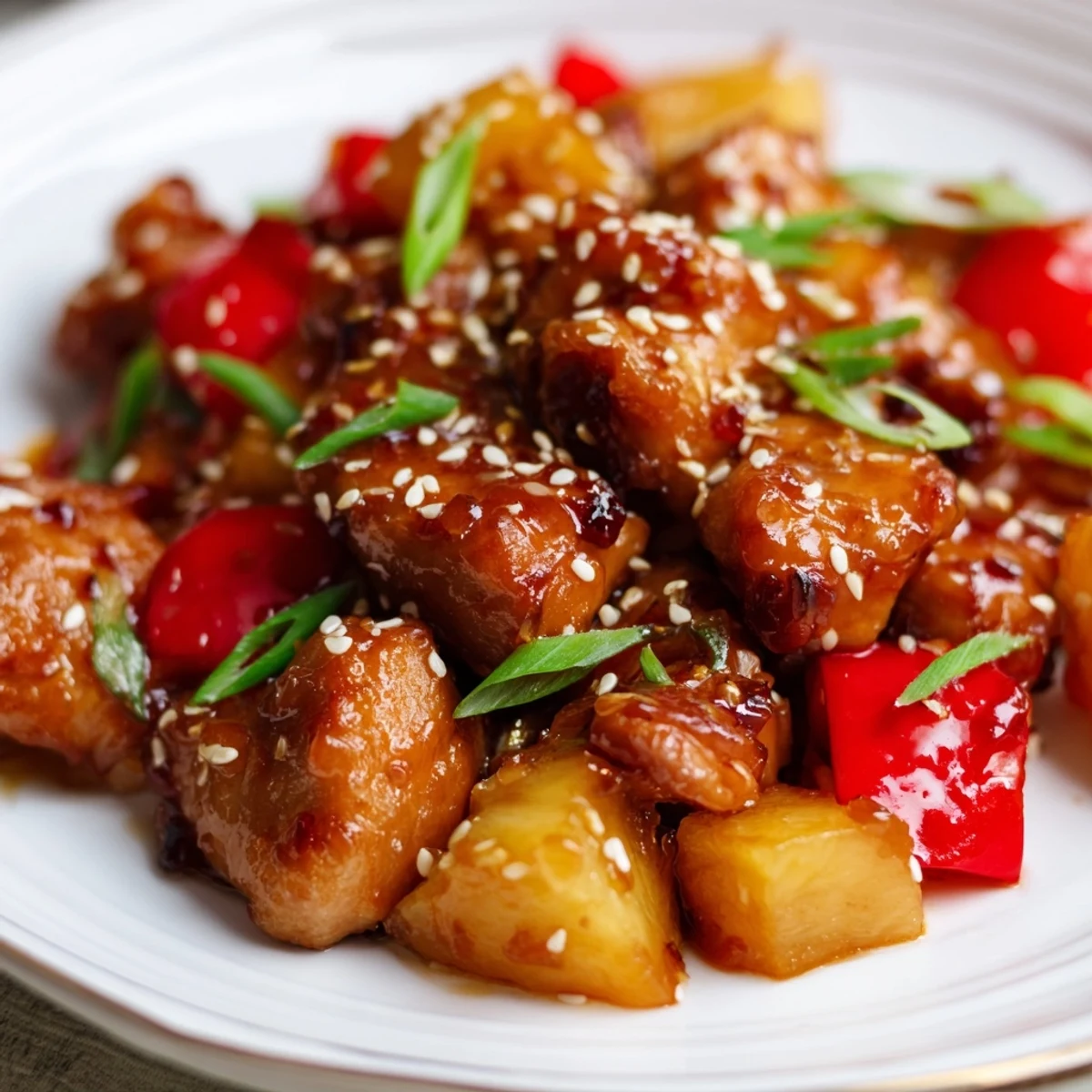 Sizzling skillet of sticky pineapple chicken topped with sesame seeds, ready to enjoy as weeknight dinner.