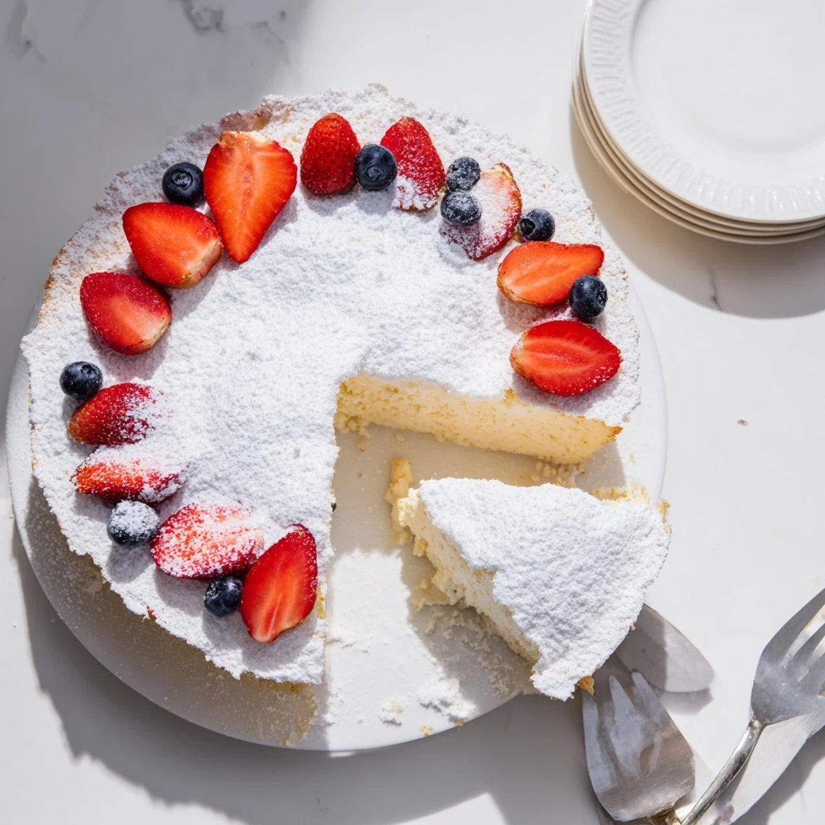 Freshly baked Fluffy Yogurt Cloud Cake is served on a ceramic cake stand with lemon zest garnish.