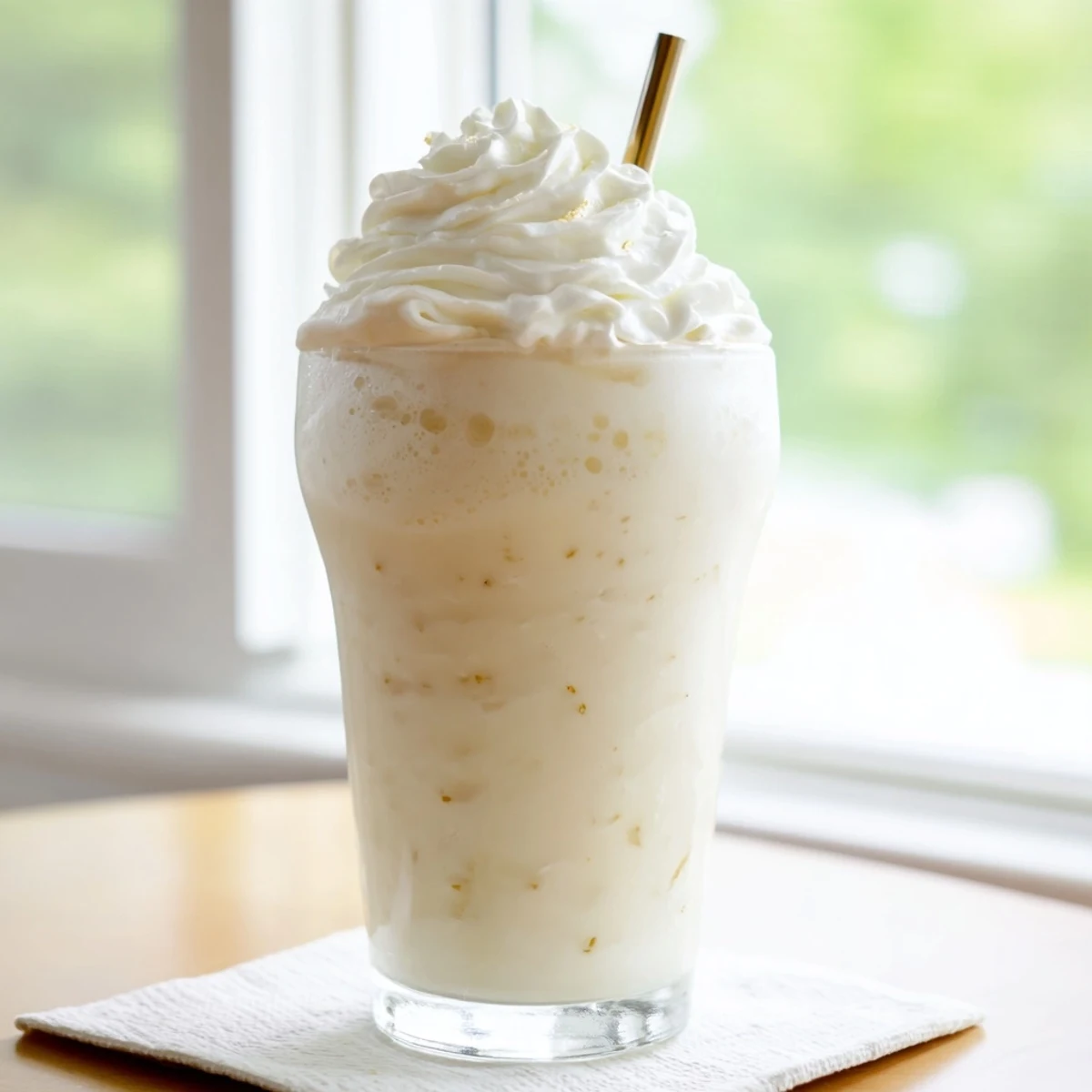 Creamy vanilla bean frappuccino topped with fluffy whipped cream in a tall glass, served with a straw.