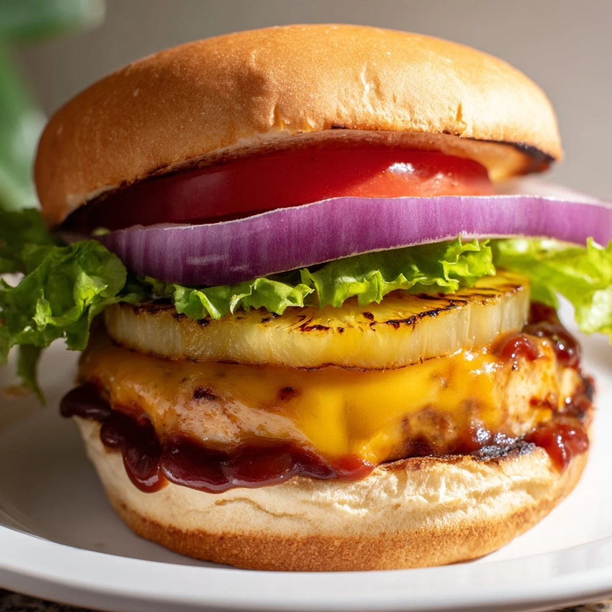 Grilled Hawaiian Pineapple Chicken Burger with melted cheese, barbecue sauce, and crisp lettuce on a toasted bun.