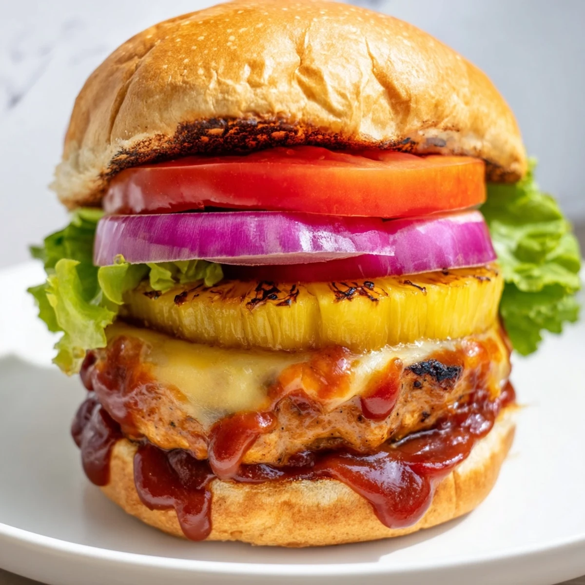 A juicy Hawaiian Pineapple Chicken Burger stacked with grilled pineapple, red onion, and fresh tomato slices.