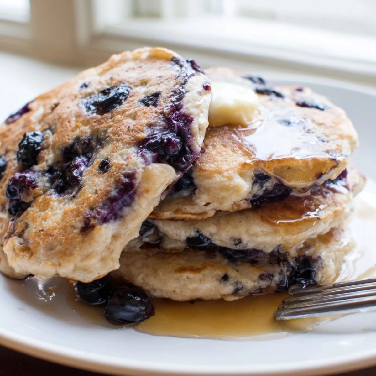 Golden-brown Fluffy Greek Yogurt Blueberry Pancakes sizzling on a griddle, dotted with plump purple berries.