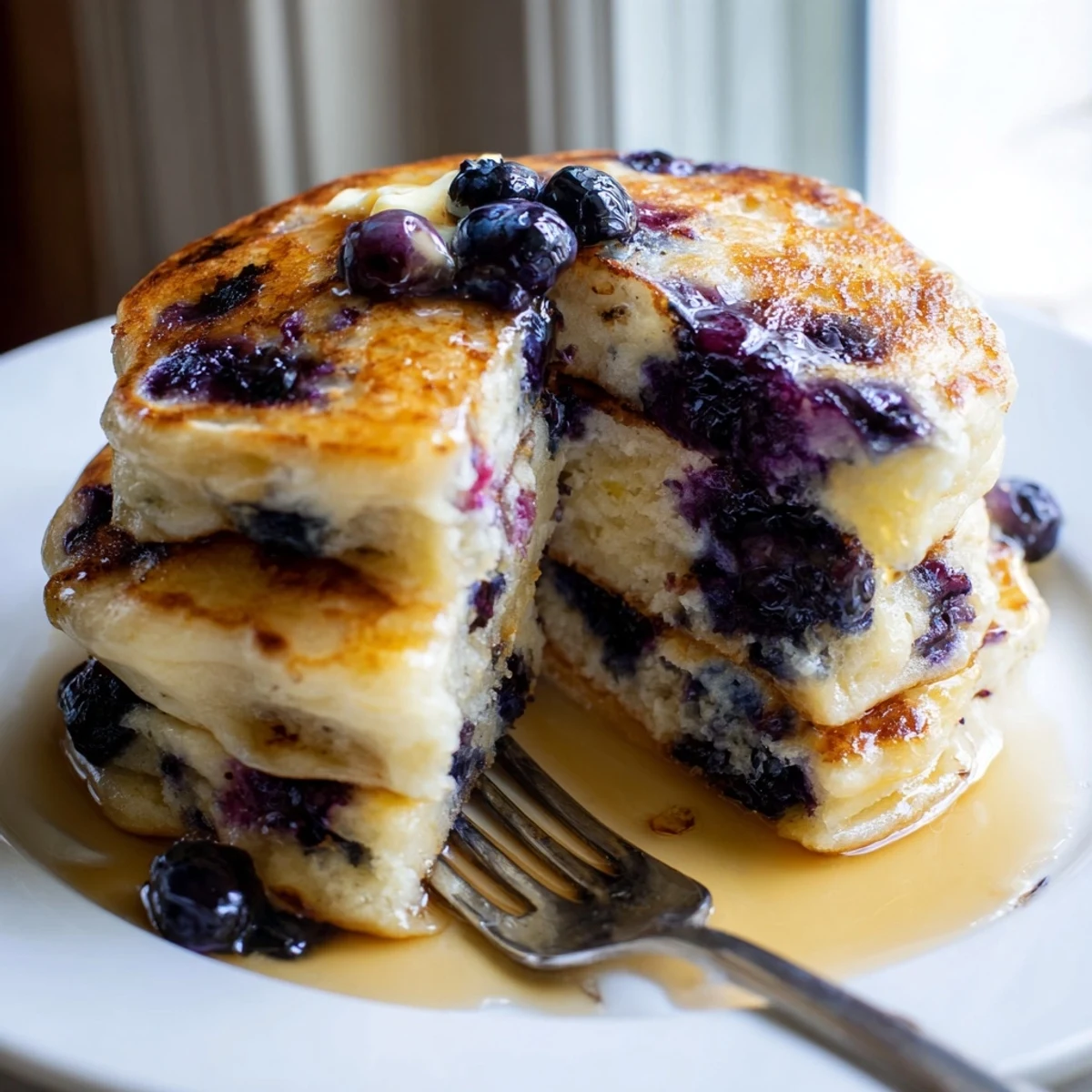 Stack of Fluffy Greek Yogurt Blueberry Pancakes drizzled with maple syrup, ready for a cozy brunch.
