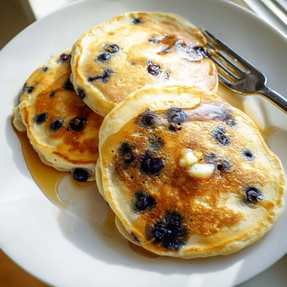 Freshly cooked Fluffy Greek Yogurt Blueberry Pancakes topped with a dollop of Greek yogurt and blueberries.