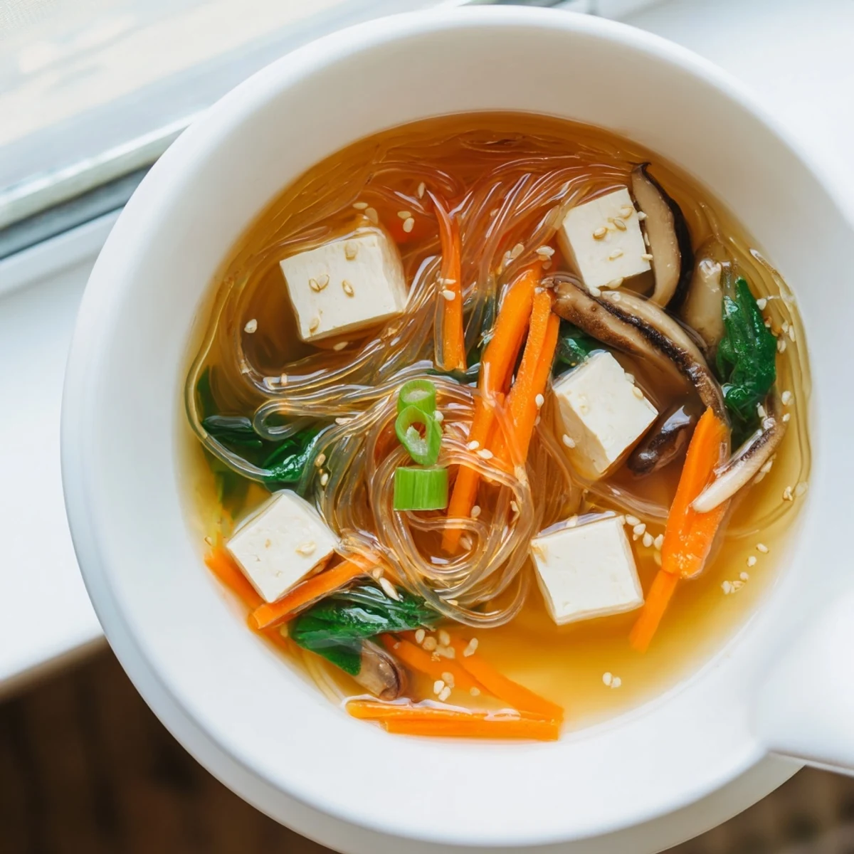 Steaming Japanese Harusame Noodle Soup with colorful vegetables in a light savory broth for a comforting meal.