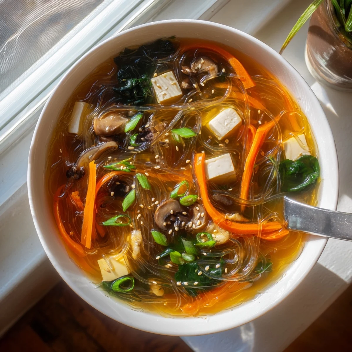 Close-up of Japanese Harusame Noodle Soup featuring silky glass noodles, tender tofu, and fresh spinach garnish.