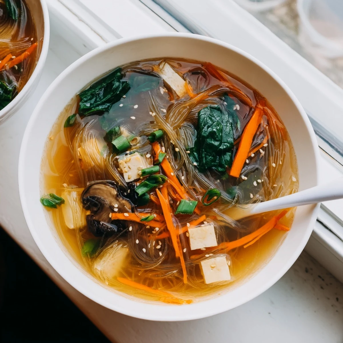 A warm bowl of Japanese Harusame Noodle Soup served with chopsticks for a cozy healthy weeknight dinner.