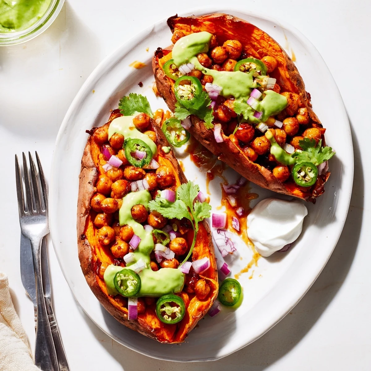Golden roasted sweet potatoes split open, filled with smoky BBQ chickpeas and drizzled with creamy avocado-lime sauce for a hearty vegan meal. 