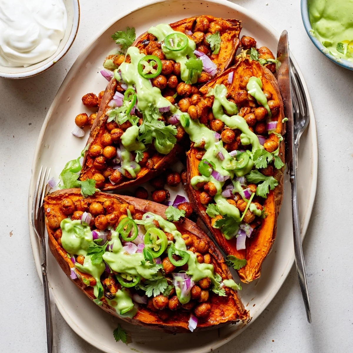 Vegan BBQ Chickpea Sweet Potatoes served hot with a colorful avocado-lime drizzle, fresh cilantro, red onion, and jalapeño slices. 