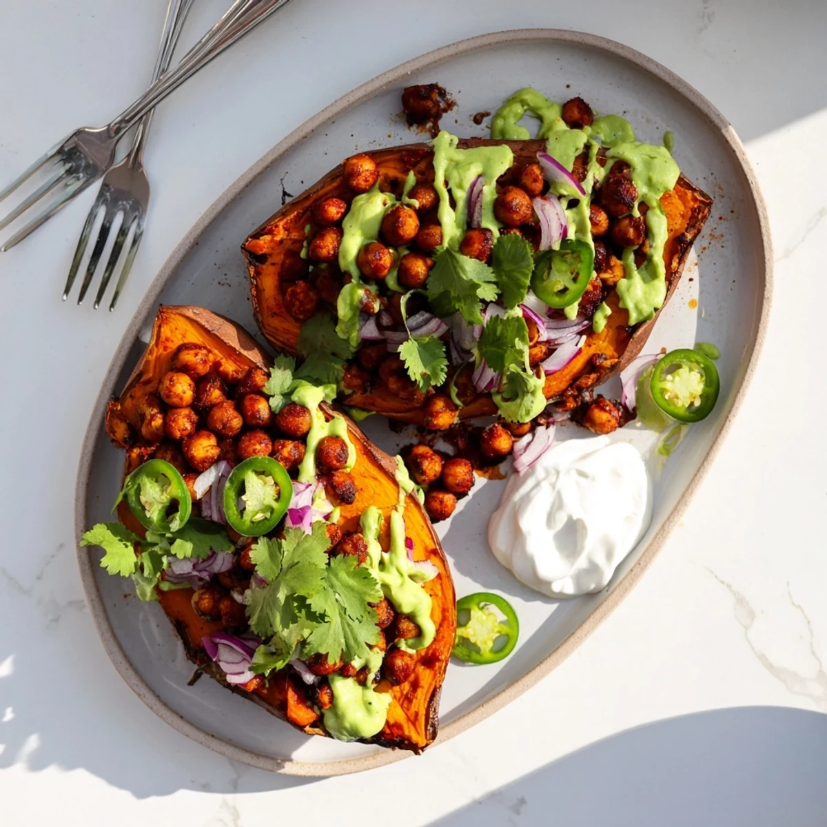 A close-up of Vegan BBQ Chickpea Sweet Potatoes showcasing fluffy sweet potato flesh topped with saucy chickpeas and a vibrant garnish.