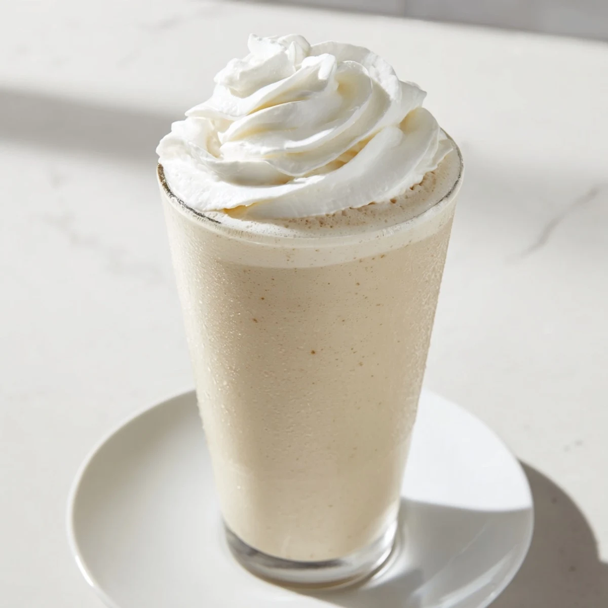 A chilled Starbucks Vanilla Bean Frappuccino in a clear glass, showing its smooth, frosty texture ready to sip.