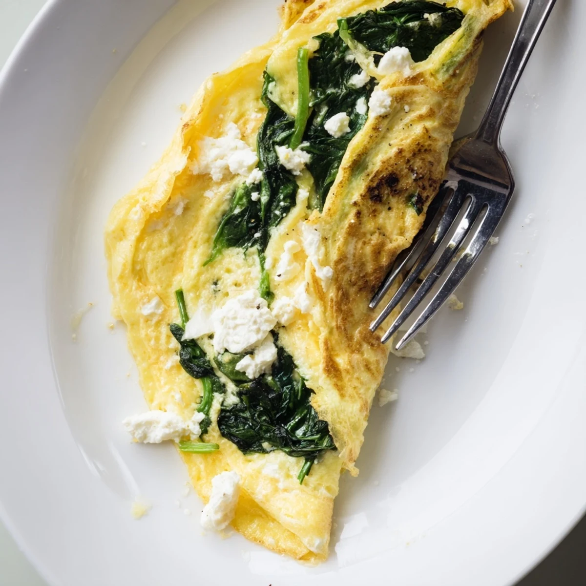 A close-up of the 15-Minute Spinach and Feta Omelet folded on a white plate, showing fluffy eggs and vibrant green spinach leaves.