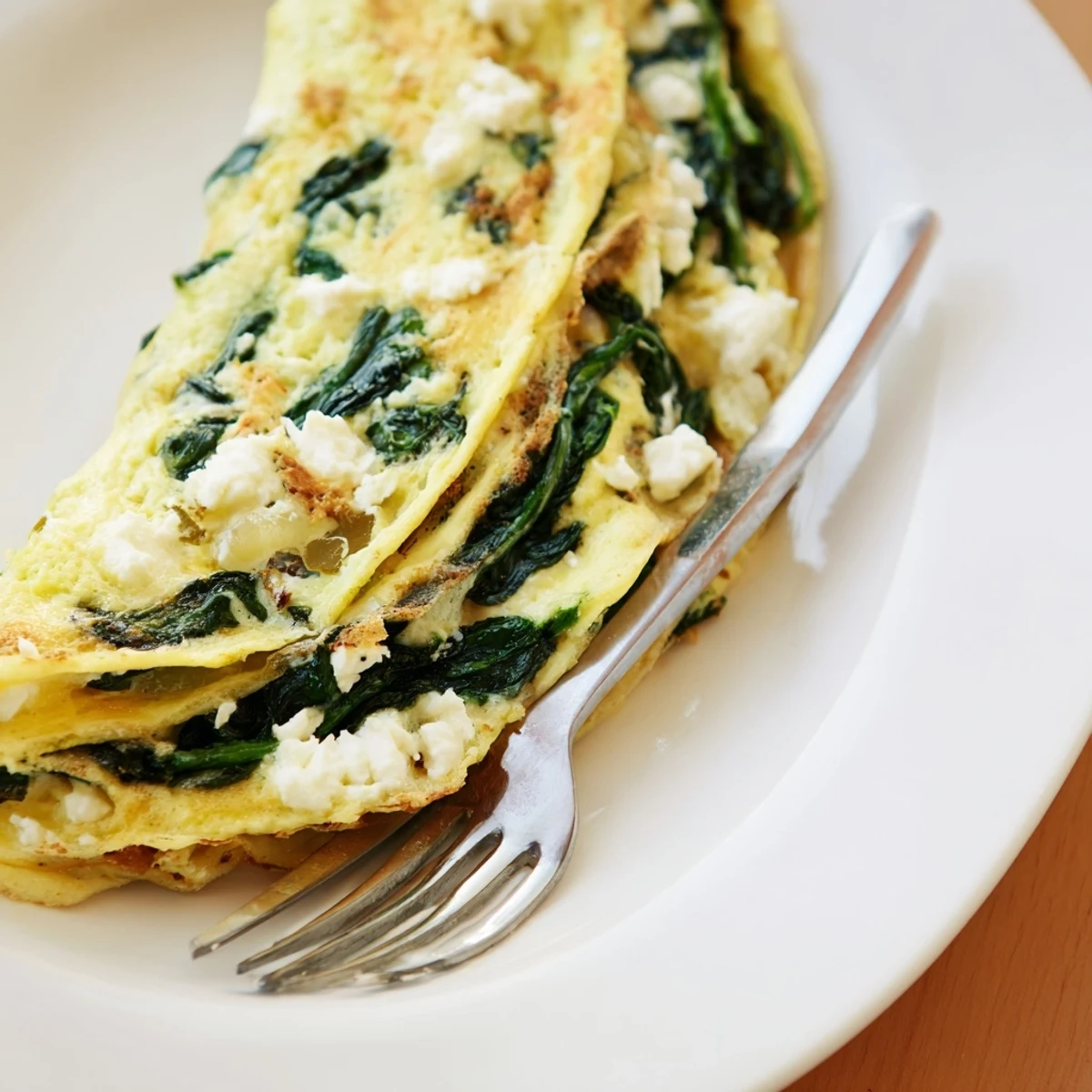 A warm slice of 15-Minute Spinach and Feta Omelet on a ceramic fork, revealing creamy feta cheese melting inside the eggs.