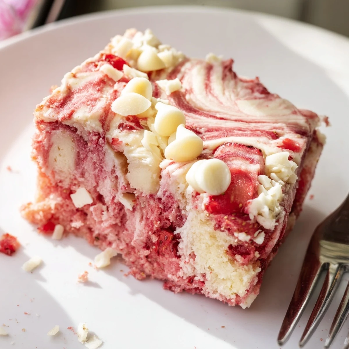 A slice of Strawberry Earthquake Cake reveals a marbled cream cheese swirl and glistening fresh berry chunks on a moist cake base.