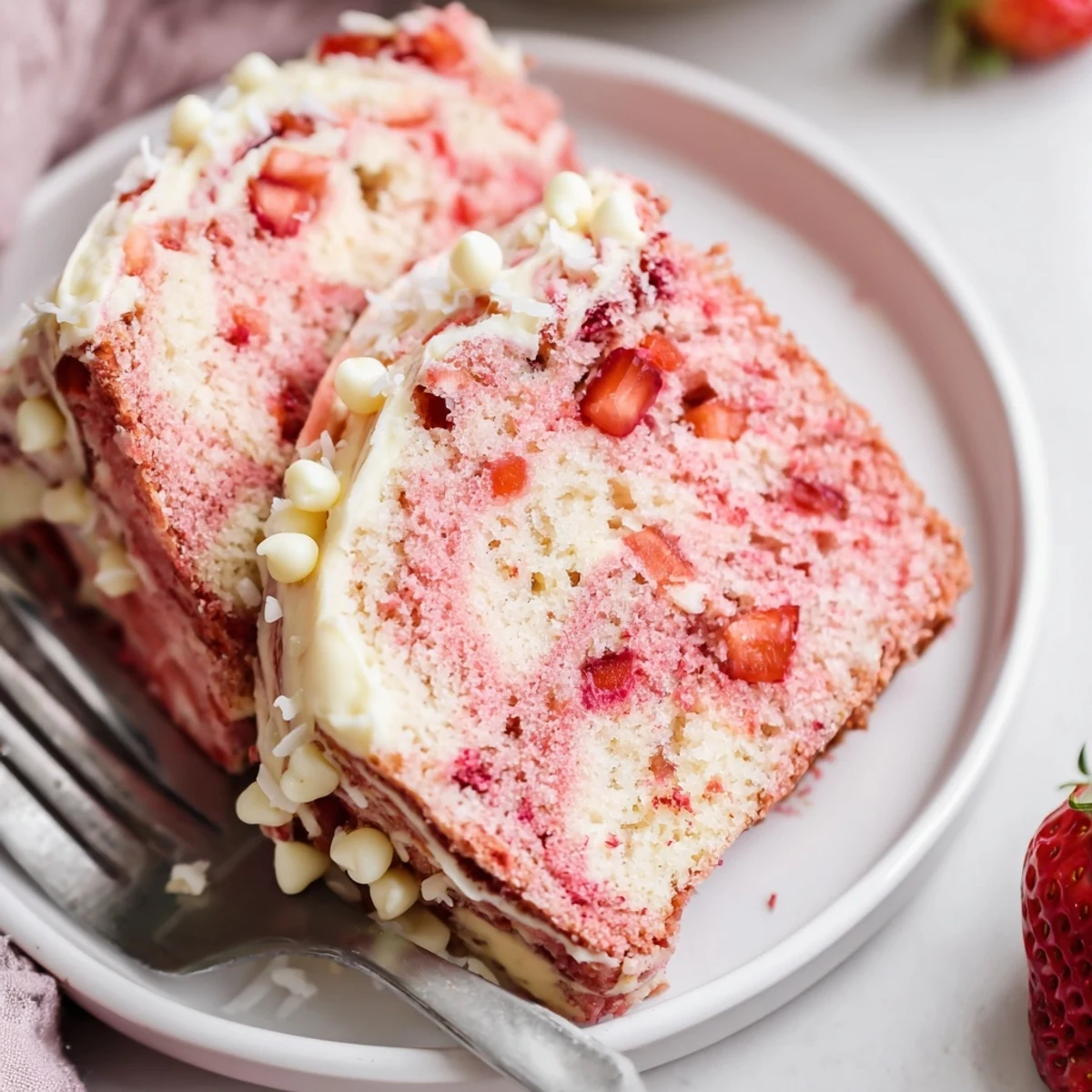 Moist strawberry cake with a creamy cheesecake swirl, the signature earthquake effect visible as a gooey, marbled center.