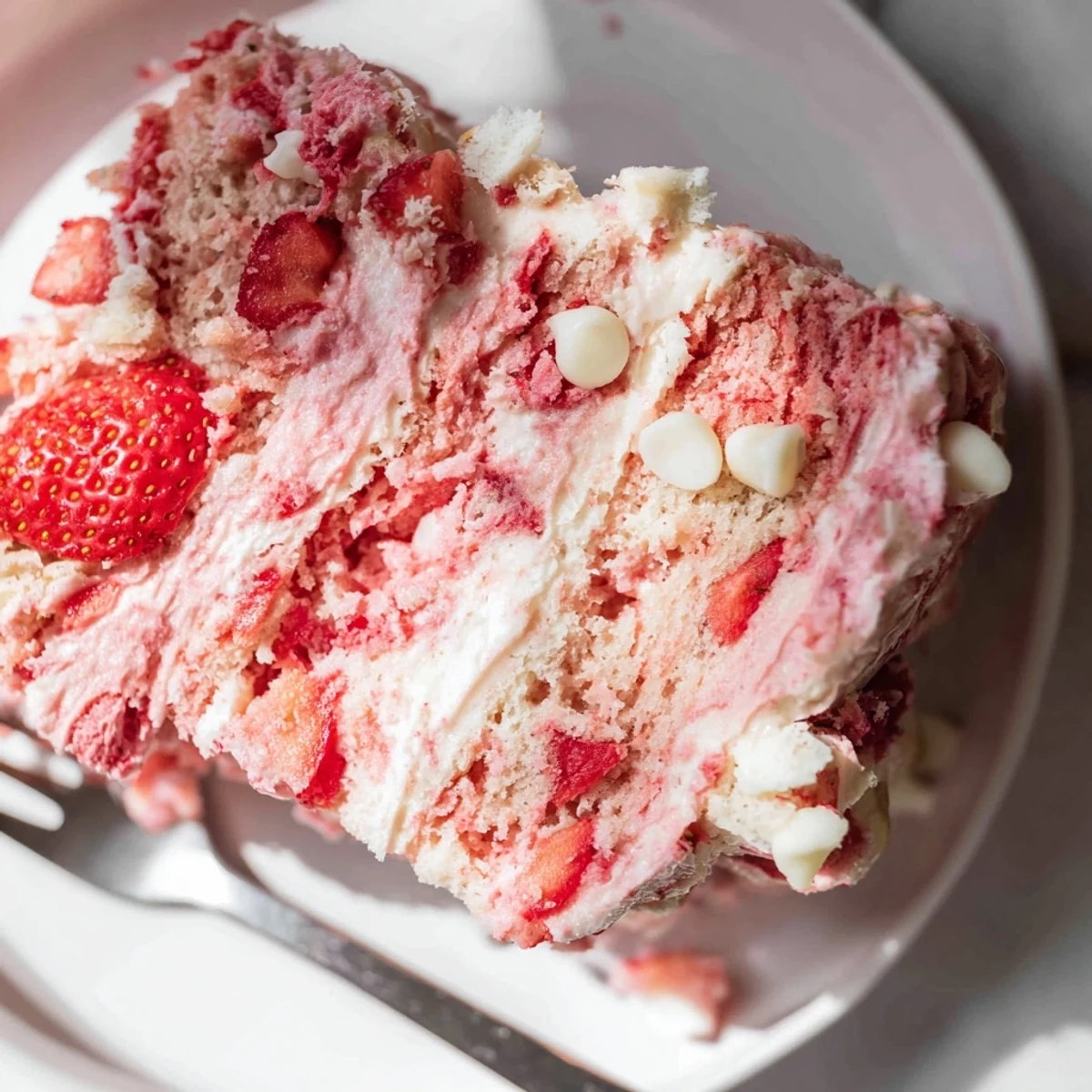 Fresh diced strawberries and white chocolate chips dot the surface of this Strawberry Earthquake Cake, served warm with vanilla ice cream.
