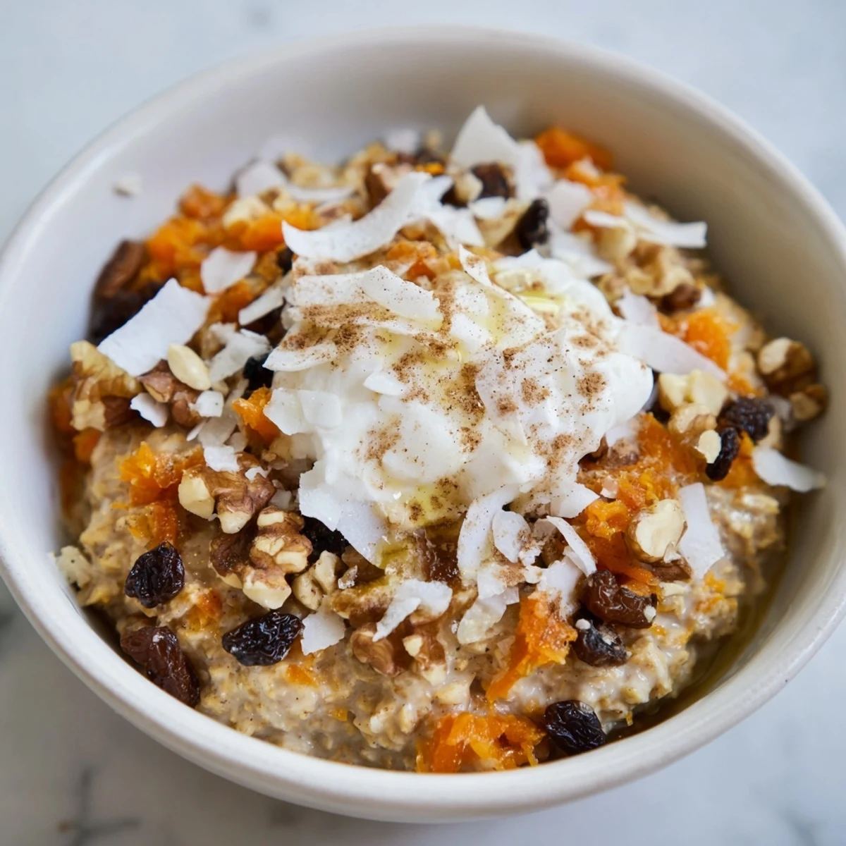 A jar of layered Carrot Cake Overnight Oats with shredded carrots, warm spices, raisins, and Greek yogurt, served chilled with a wooden spoon.