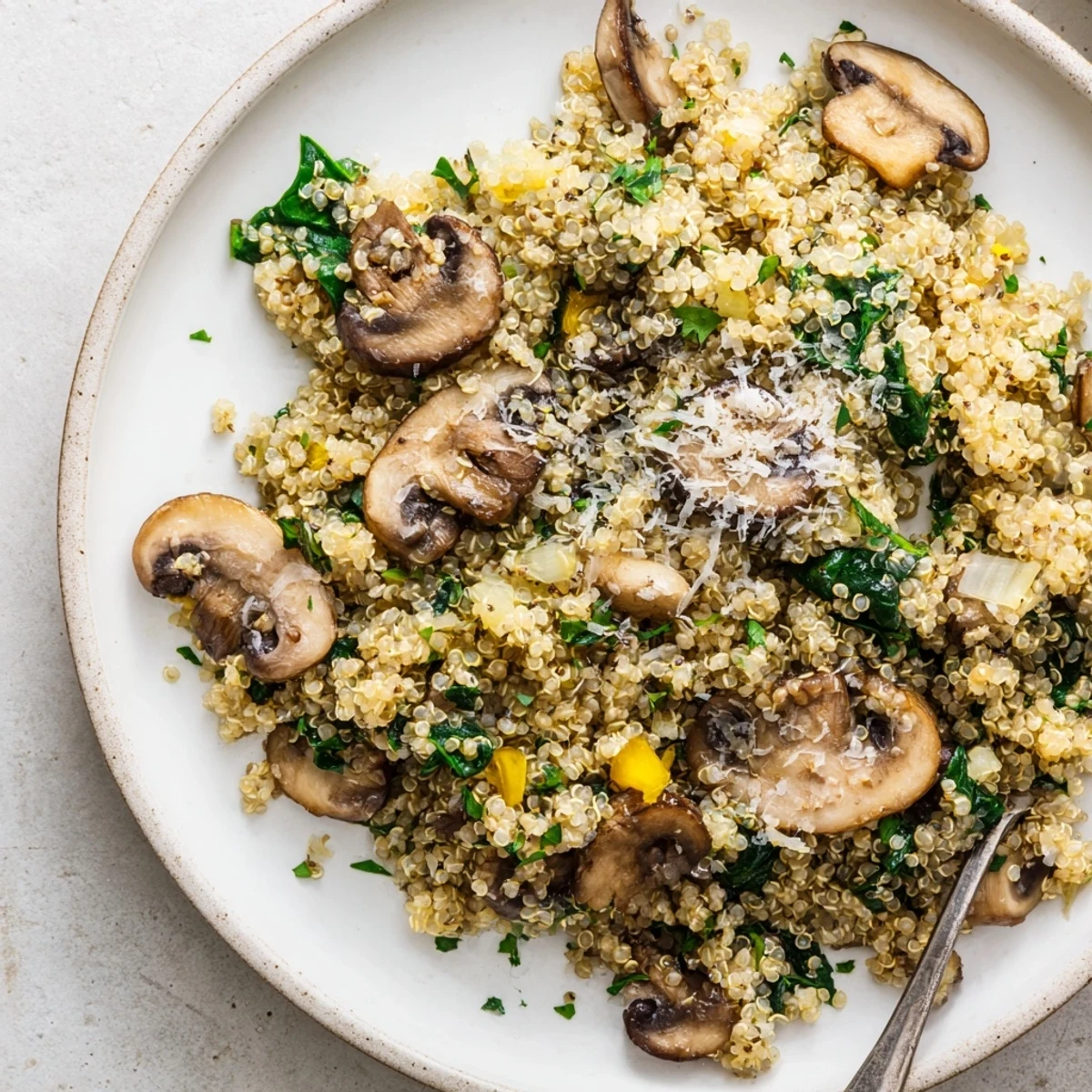 This Garlicky Mushroom Quinoa is garnished with Parmesan and lemon zest for a bright, savory presentation.