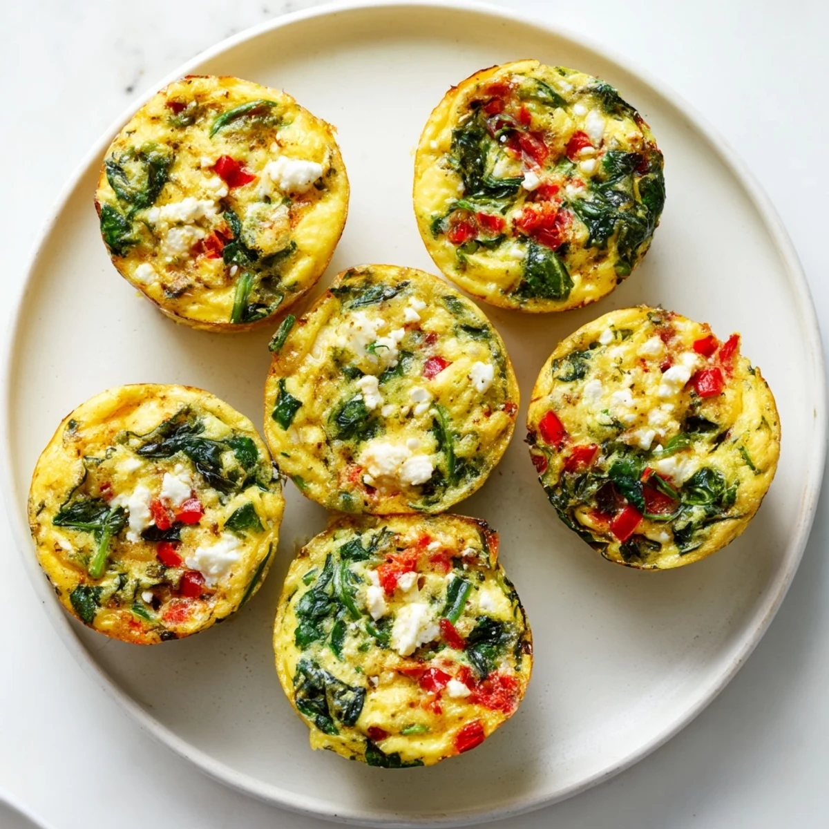 Golden-brown Egg Muffins with Spinach and Feta fresh from the oven, displayed on a rustic wooden board.