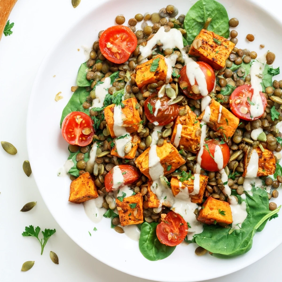 Roasted sweet potatoes and lentils topped with zesty tahini dressing in this Healthy Lunch Sweet Potato Lentil Bowl.