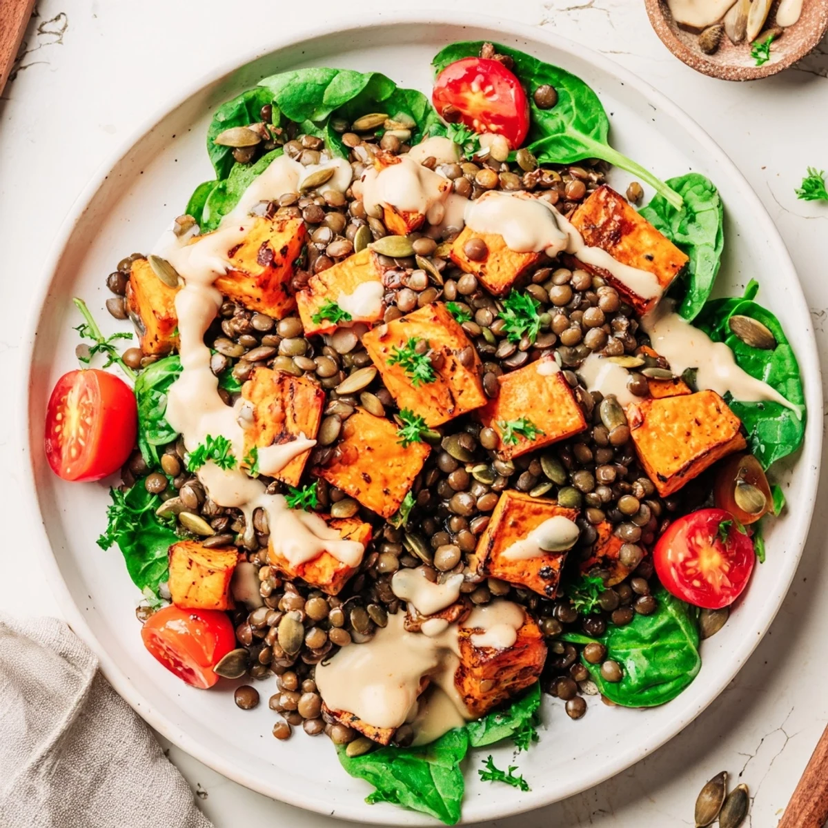 Vibrant chopped tomatoes and cucumbers add crunch to the colorful Healthy Lunch Sweet Potato Lentil Bowl.