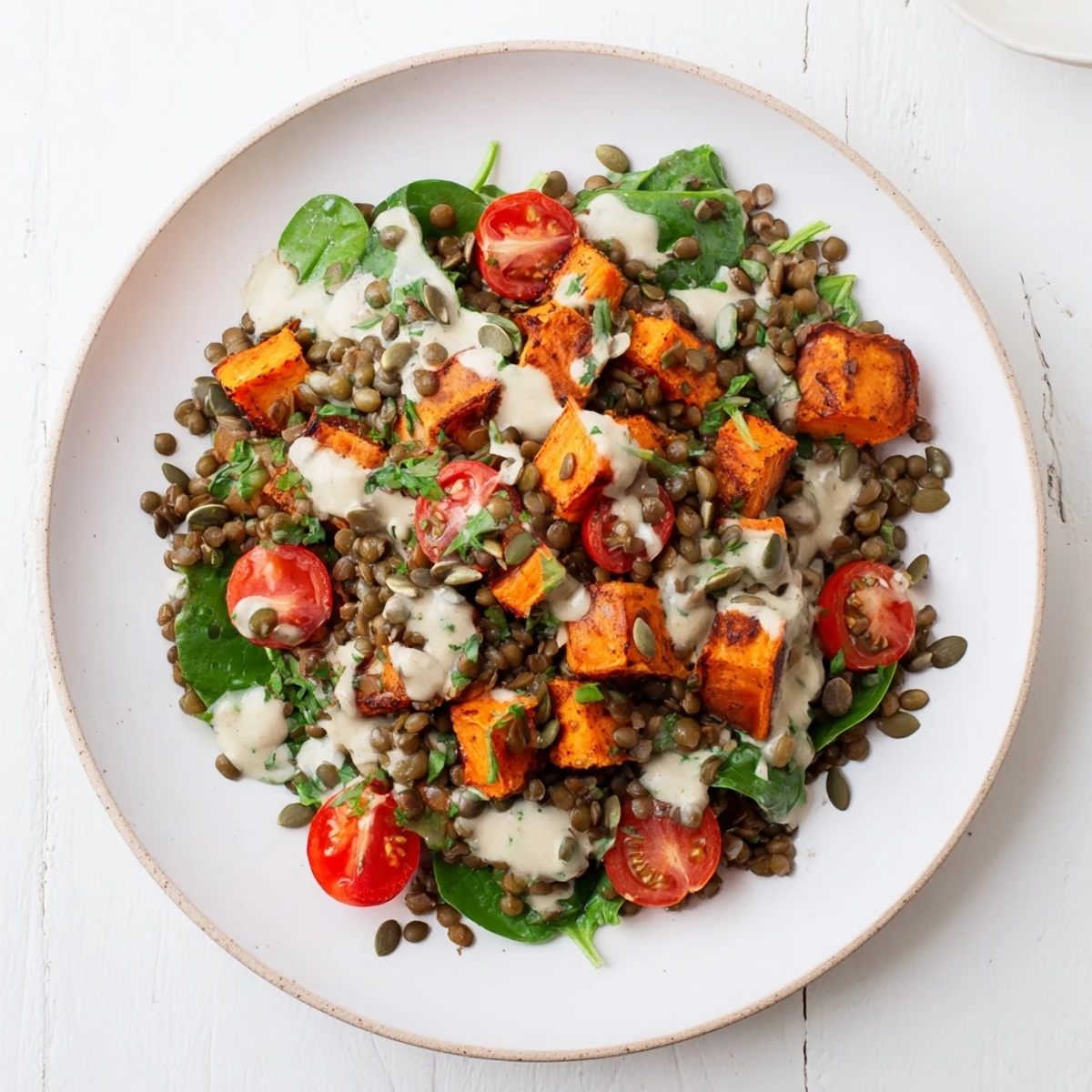 A close-up of the nutritious Healthy Lunch Sweet Potato Lentil Bowl with toasted pumpkin seeds and greens.