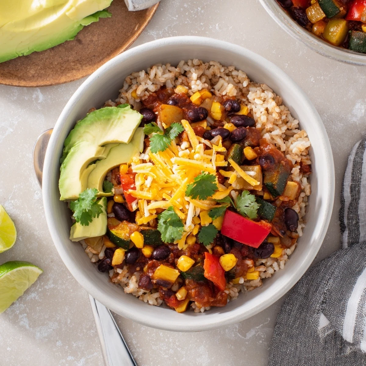 Close-up of a steaming Southwest Spice Green Chile Bowl featuring beans, corn, and diced green chiles.