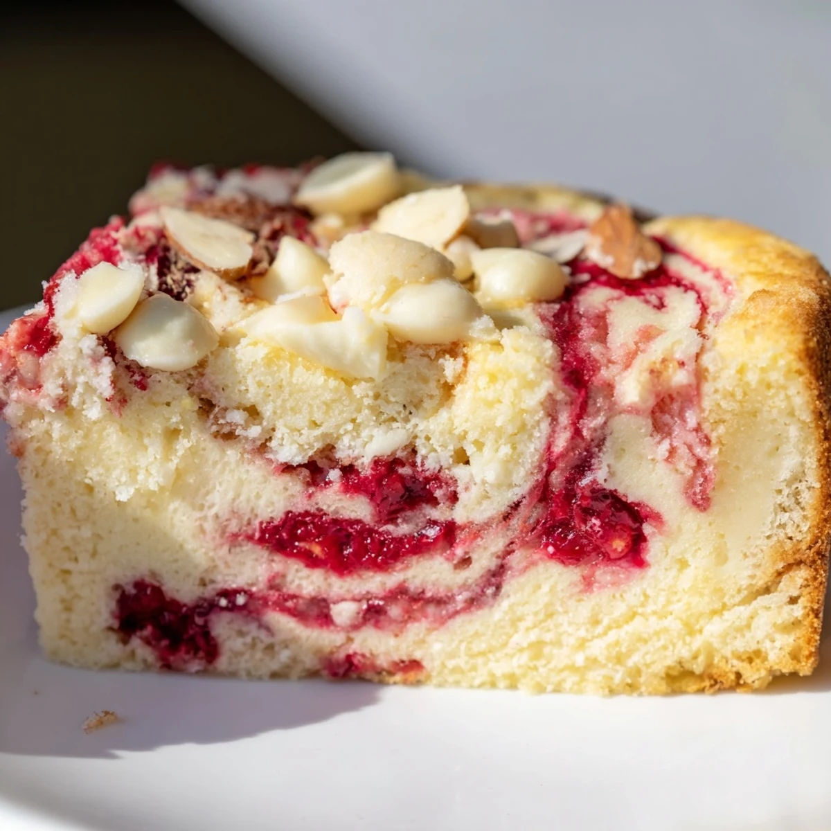 A slice of Irresistible Strawberry Earthquake Cake on a white plate, showing pink swirls and a marbled cheesecake top.  