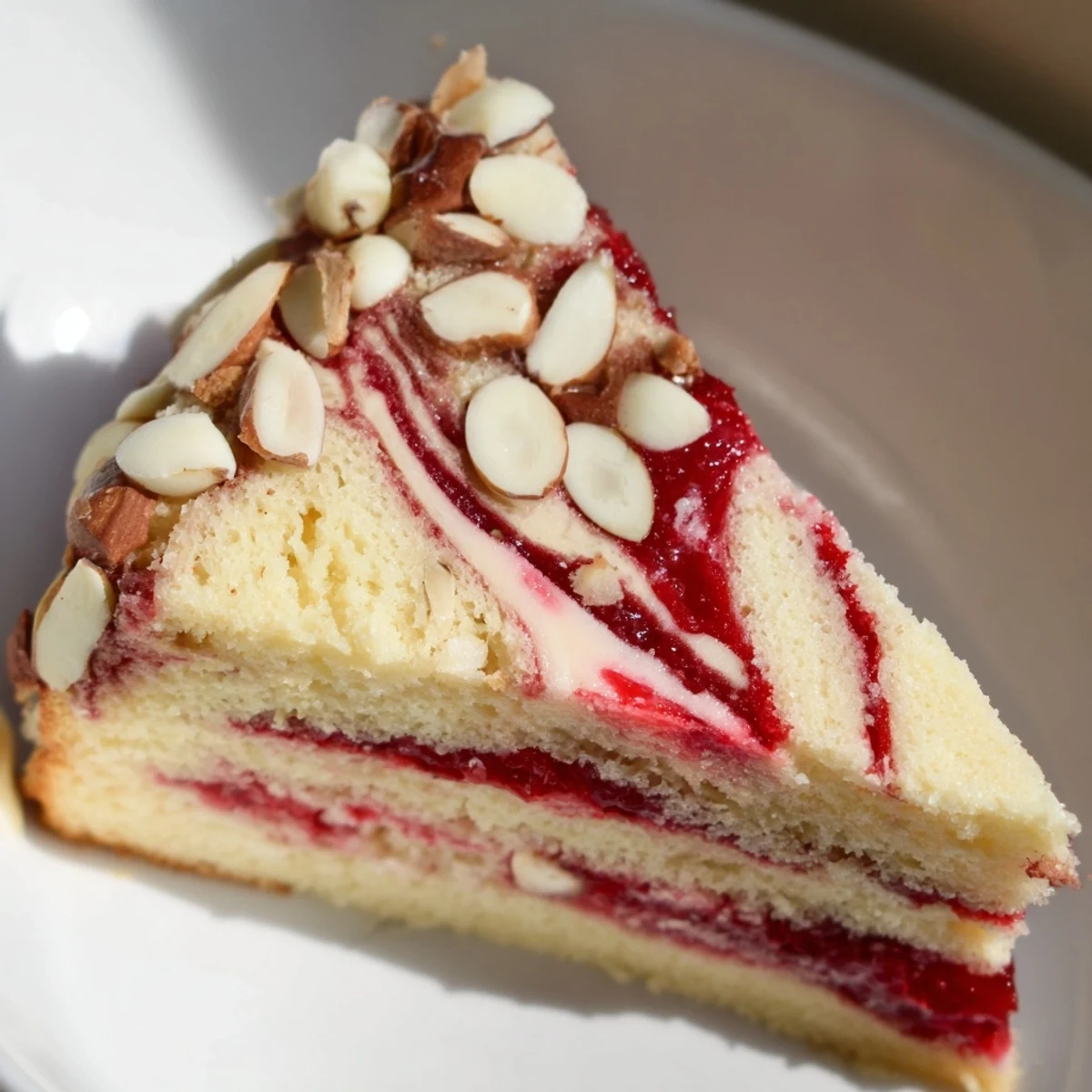 The Irresistible Strawberry Earthquake Cake reveals creamy cheesecake ribbons and fresh strawberry slices in a vanilla base.  