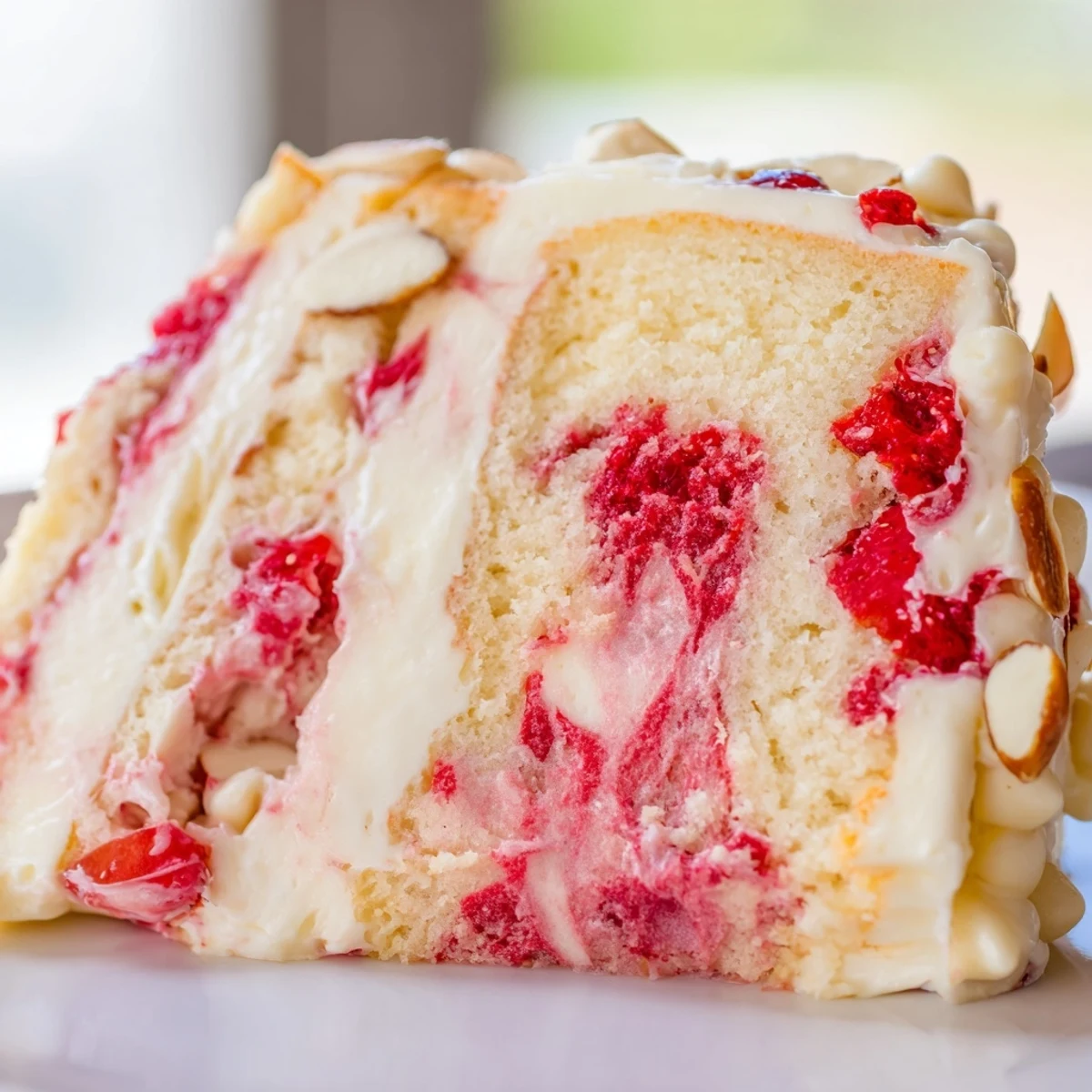 Served Irresistible Strawberry Earthquake Cake with white chocolate chips and sliced almonds on a marble counter.
