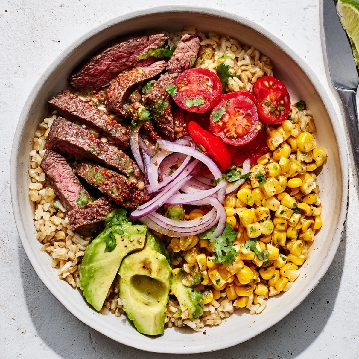 Sliced grilled steak and creamy avocado top a bowl of quinoa and golden roasted corn.
