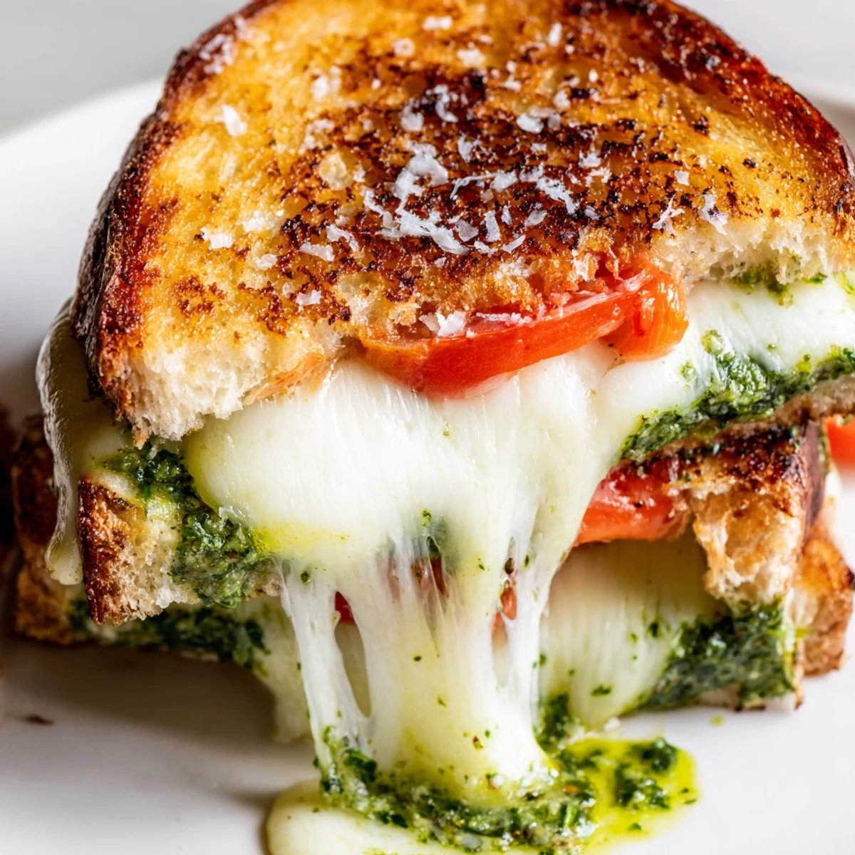 Best Pesto Grilled Cheese served on a white plate with tomato soup for a cozy Italian-American lunch.