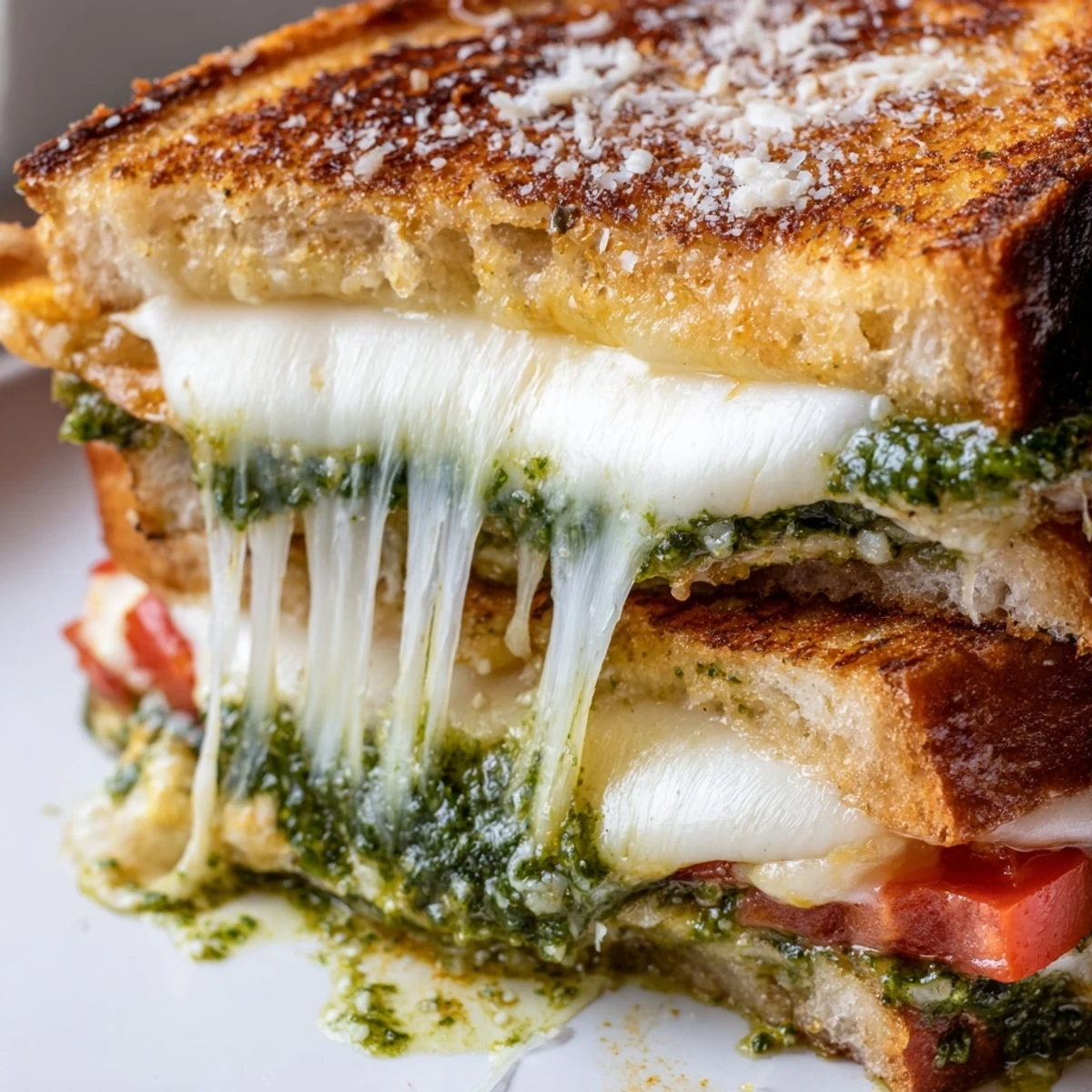 A close-up of Best Pesto Grilled Cheese, melted cheese and vibrant pesto between buttery toasted bread.