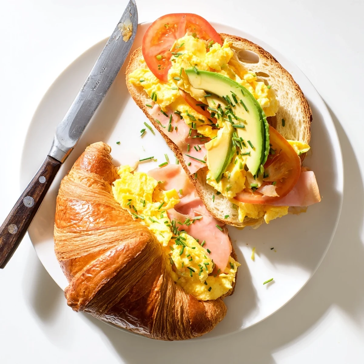 Golden-brown, flaky croissant breakfast sandwich layered with fluffy eggs, savory ham, and melted cheese on a plate.