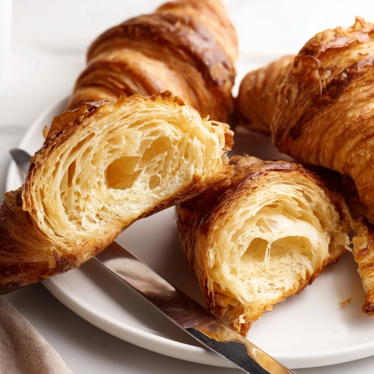 Golden-brown, flaky gluten-free croissants displayed on a wooden board beside jam.