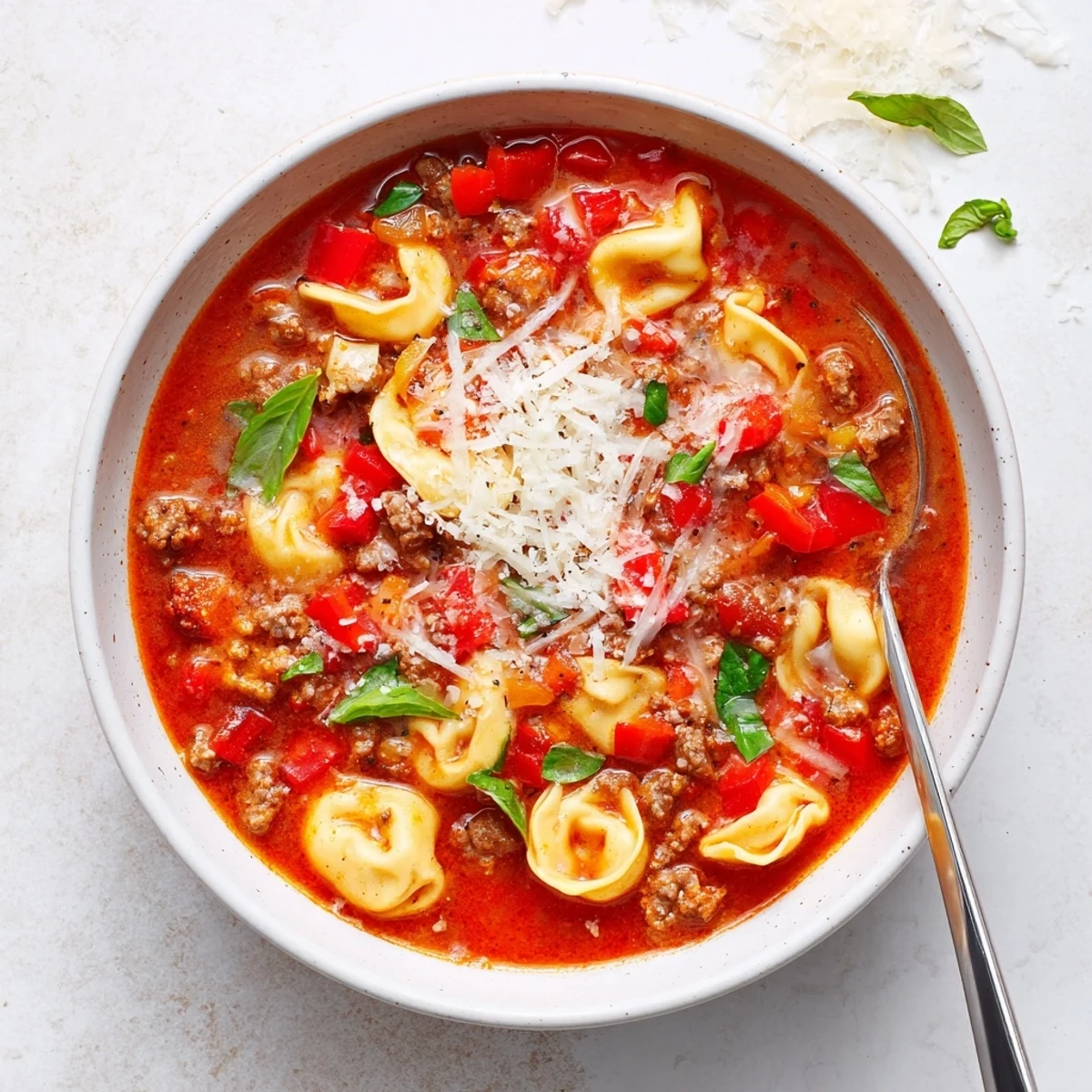 A steaming bowl of Lasagna Soup with Tortellini, garnished with fresh basil and melted cheese.