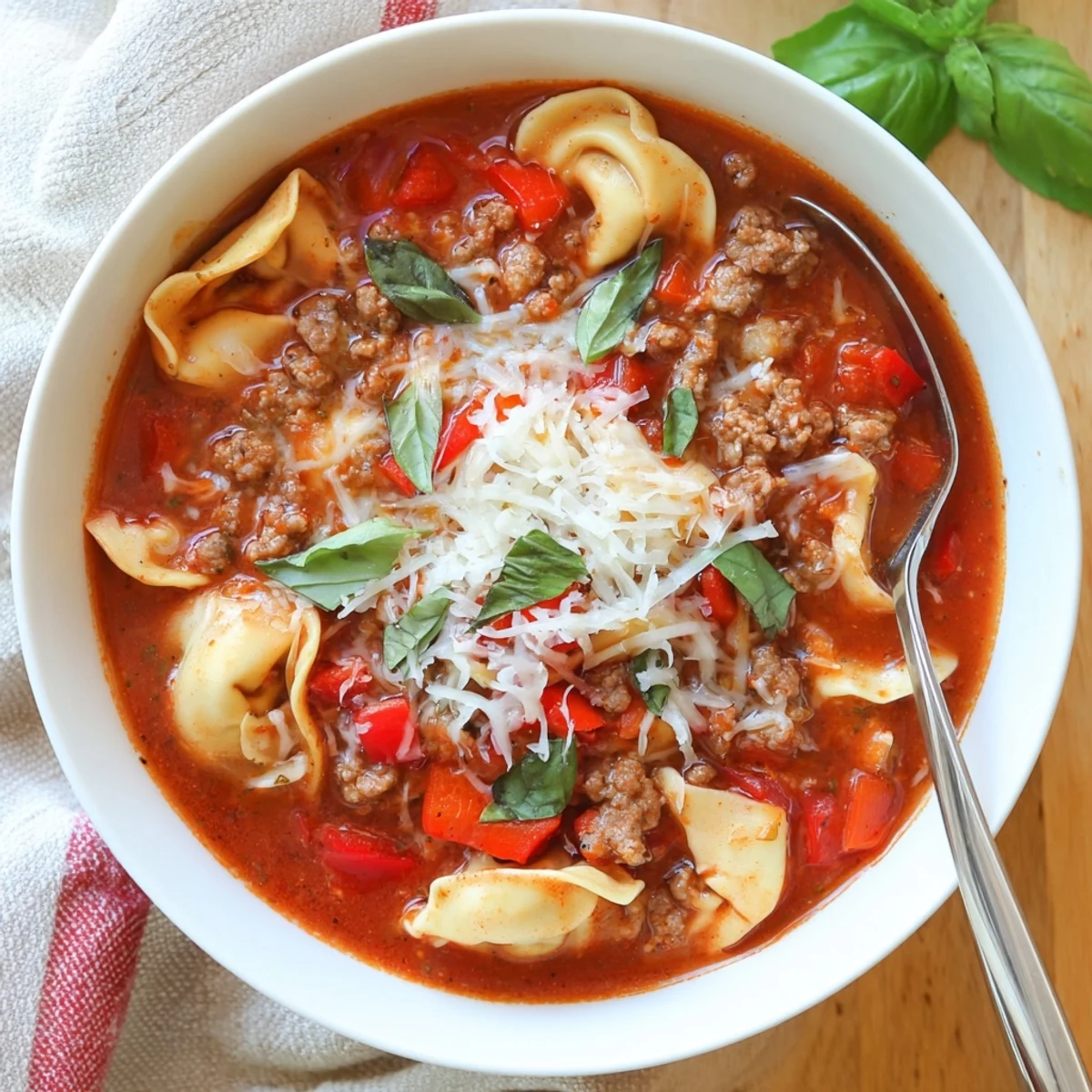 Hearty Lasagna Soup with Tortellini features sausage, tomatoes, and cheesy pasta in a comforting broth.