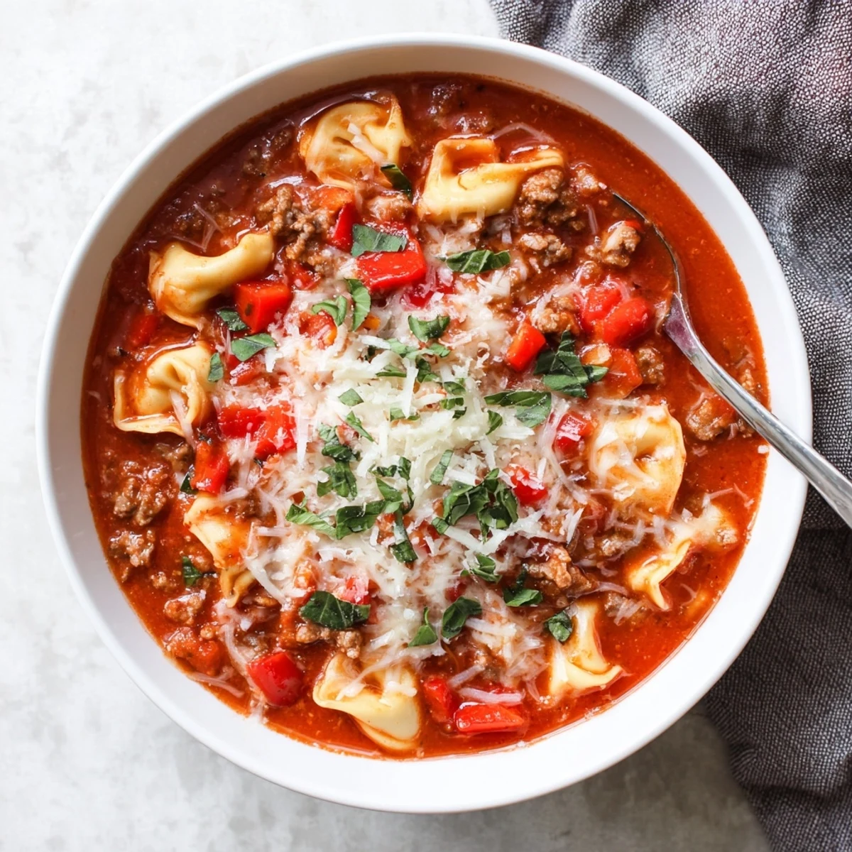 Close-up of Lasagna Soup with Tortellini in a rustic bowl, ready to serve with crusty bread.