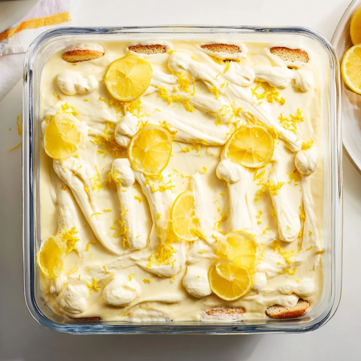 Freshly prepared Lemon Limoncello Italian Tiramisu with creamy layers and lemon slices on a rustic table.