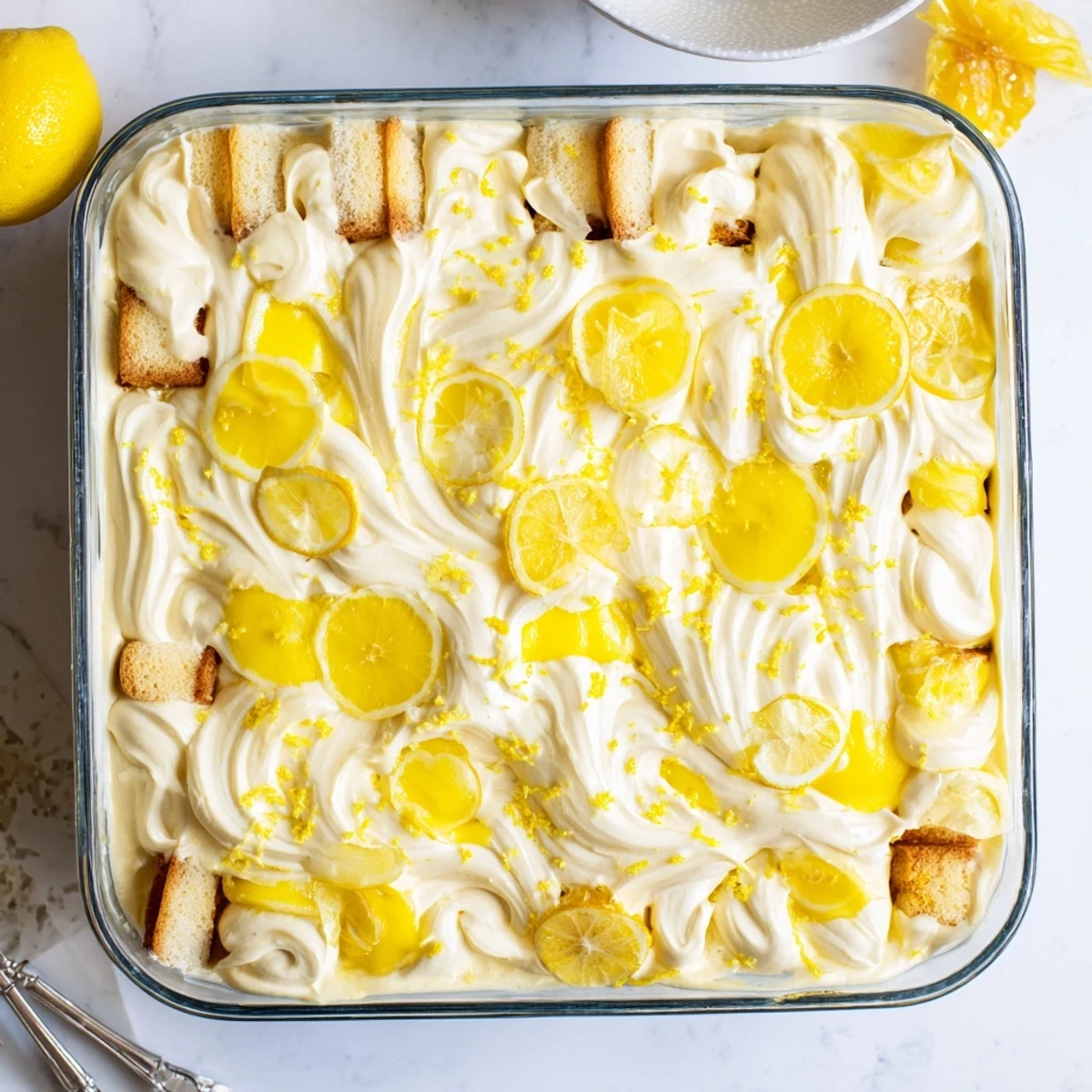 Creamy Lemon Limoncello Italian Tiramisu garnished with zest, served chilled with iced tea nearby.
