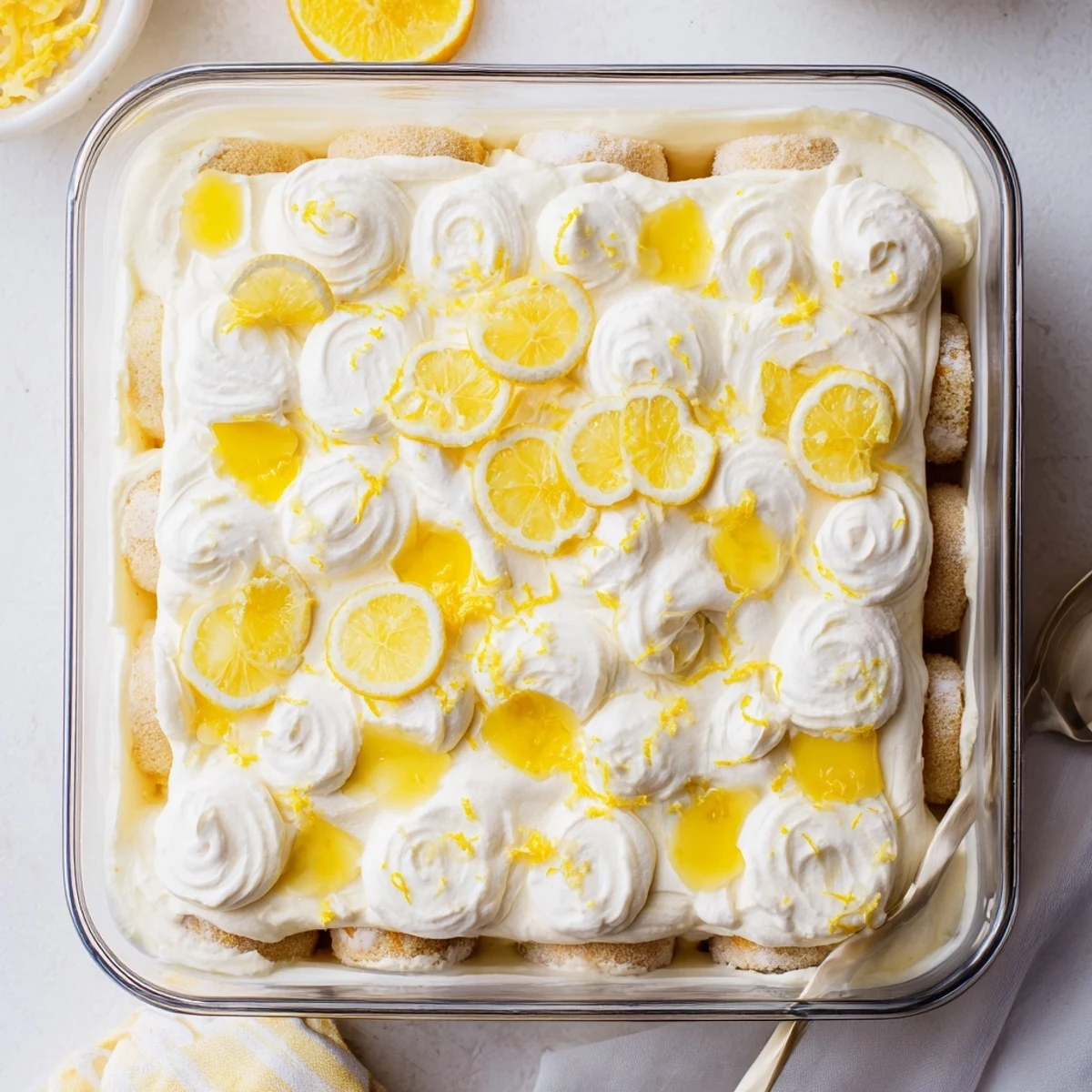 Zesty Lemon Limoncello Italian Tiramisu layered with ladyfingers and lemon curd on a wooden board.